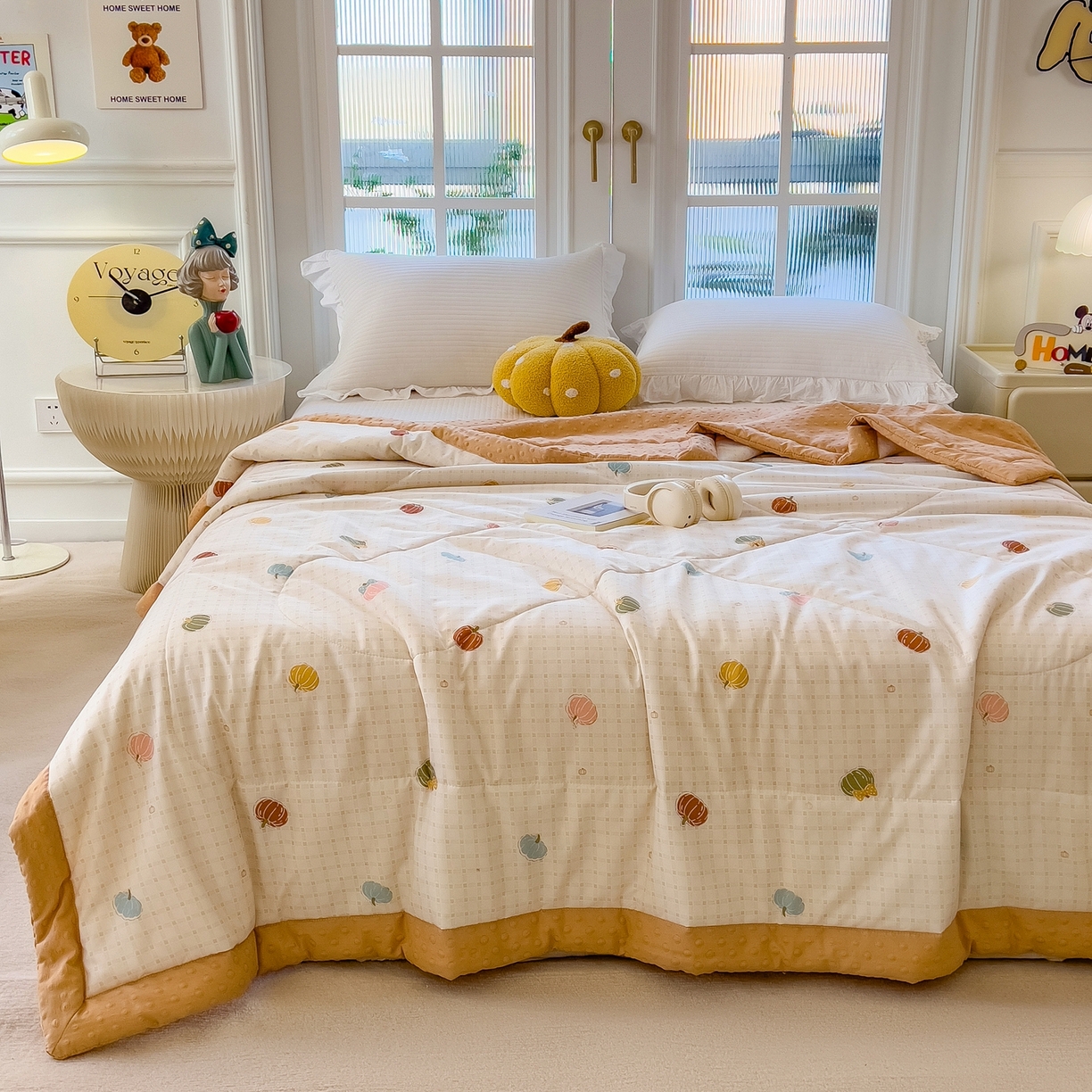 91家纺网 家纺一手货源 找家纺 瑞禾家纺 2026新款印花夏凉豆豆夏被手工包边被子被芯儿童 南瓜派对