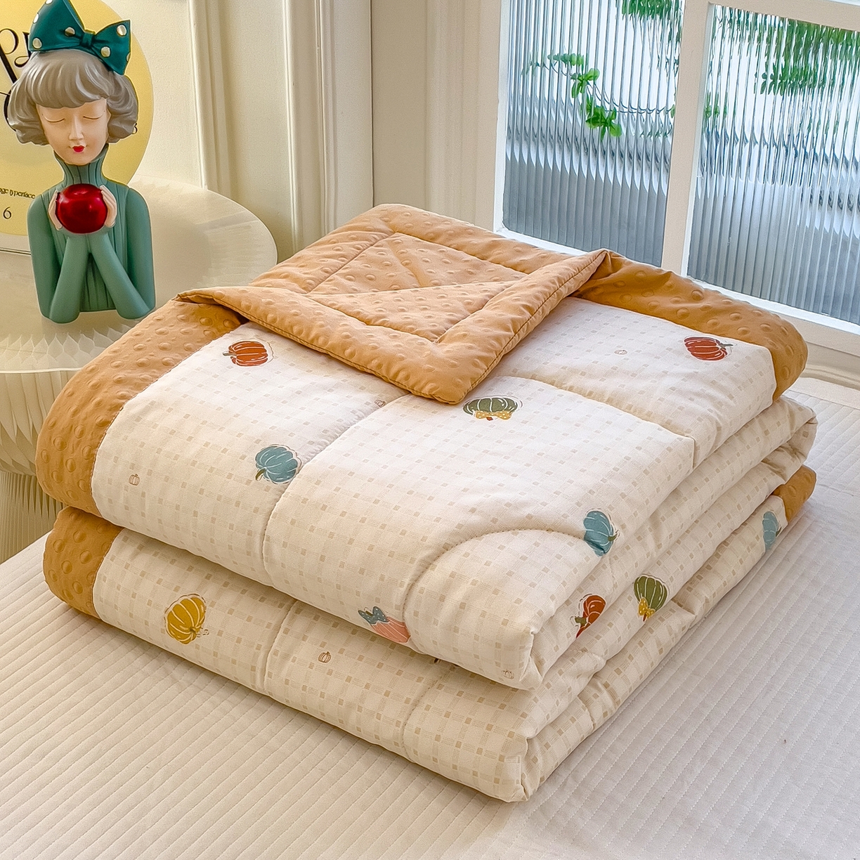 91家纺网 家纺一手货源 找家纺 瑞禾家纺 2026新款印花夏凉豆豆夏被手工包边被子被芯儿童 南瓜派对