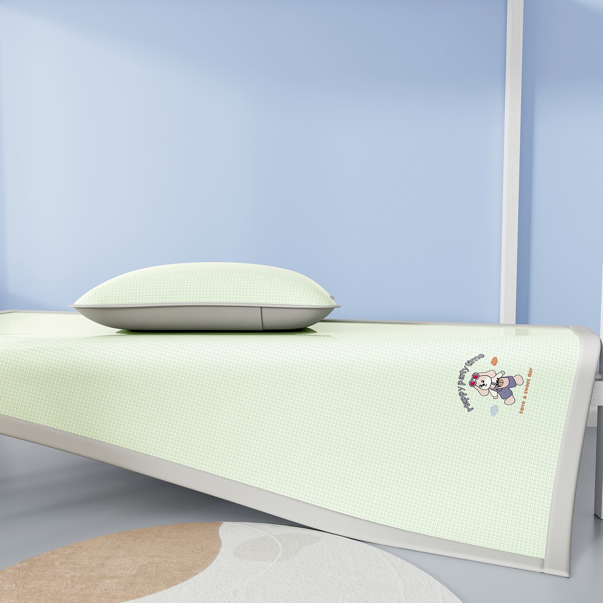 91家纺网 家纺一手货源 找家纺 奇丝雅 2026新款夏季A类碳光凉席三明治透气网冰丝凉席家用双人冰丝席床单可机洗单人学生宿舍上下铺夏天空调软席三件套 冰爽-绿