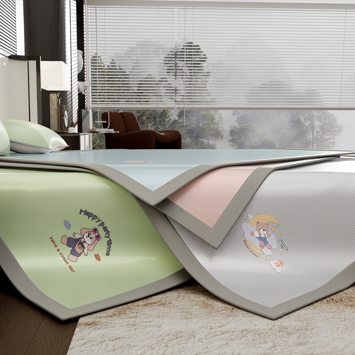 91家纺网 家纺一手货源 找家纺 奇丝雅 2026新款夏季A类碳光凉席三明治透气网冰丝凉席家用双人冰丝席床单可机洗单人学生宿舍上下铺夏天空调软席三件套 冰爽-绿