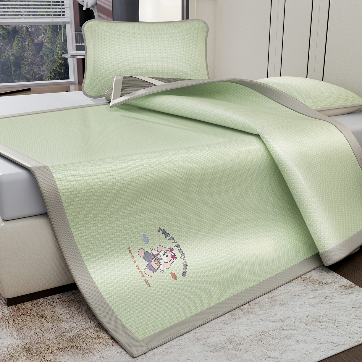 91家纺网 家纺一手货源 找家纺 奇丝雅 2026新款夏季A类碳光凉席三明治透气网冰丝凉席家用双人冰丝席床单可机洗单人学生宿舍上下铺夏天空调软席三件套 冰爽-绿