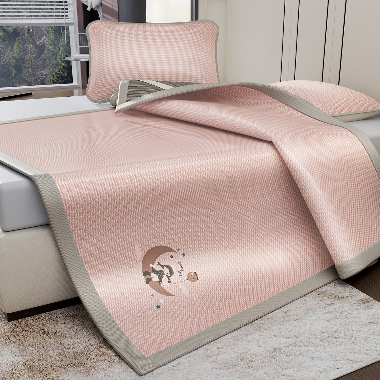 91家纺网 家纺一手货源 找家纺 奇丝雅 2026新款夏季A类碳光凉席三明治透气网冰丝凉席家用双人冰丝席床单可机洗单人学生宿舍上下铺夏天空调软席三件套 冰爽-粉