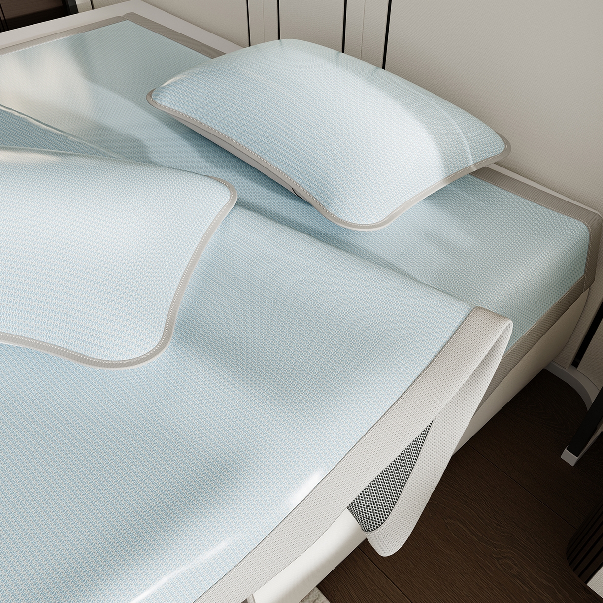 91家纺网 家纺一手货源 找家纺 奇丝雅 2026新款夏季A类碳光凉席三明治透气网冰丝凉席家用双人冰丝席床单可机洗单人学生宿舍上下铺夏天空调软席三件套 冰爽-蓝