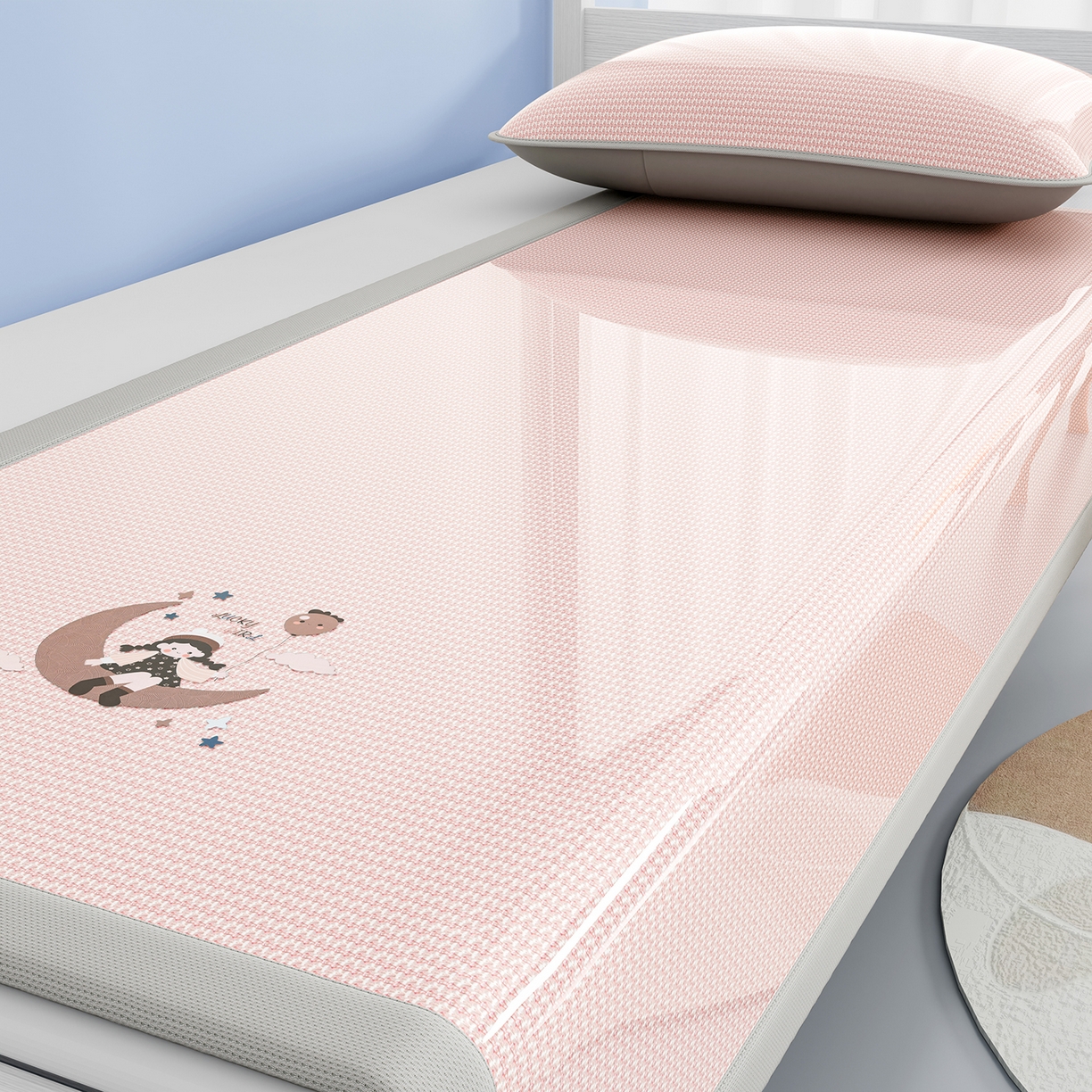 91家纺网 家纺一手货源 找家纺 家品罗兰 2026新款夏季A类碳光凉席三明治透气网冰丝凉席家用双人冰丝席床单可机洗单人学生宿舍上下铺夏天空调软席三件套 冰爽-粉