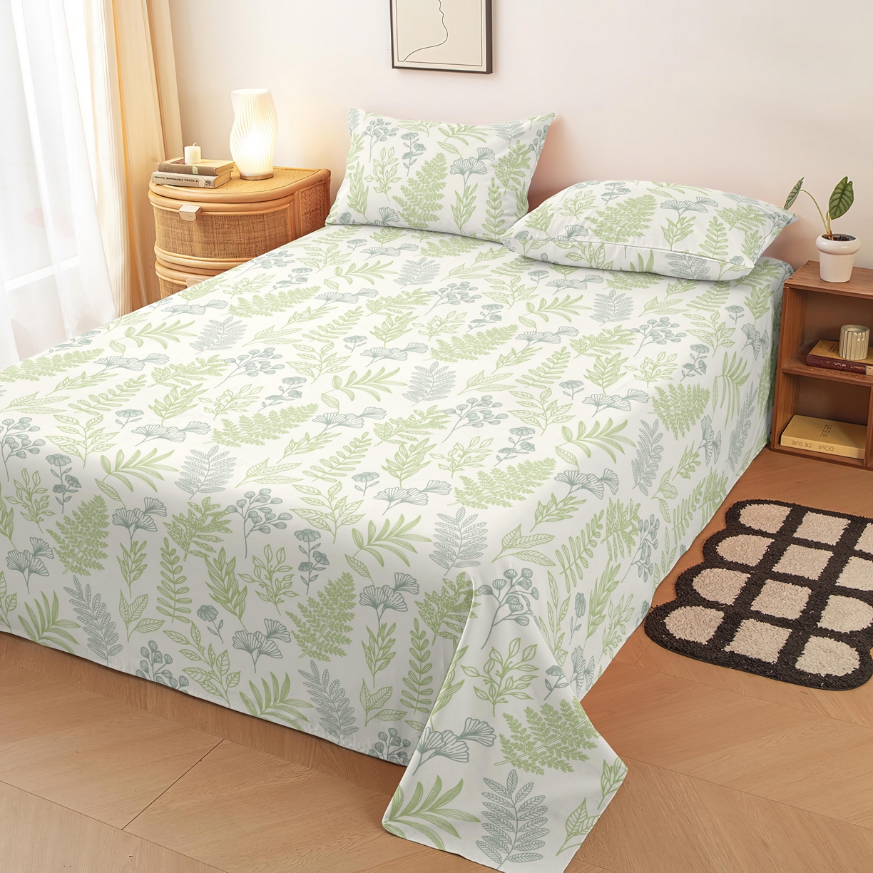 雨洋家纺 2026新款印花老粗布床单系列 美好时光绿