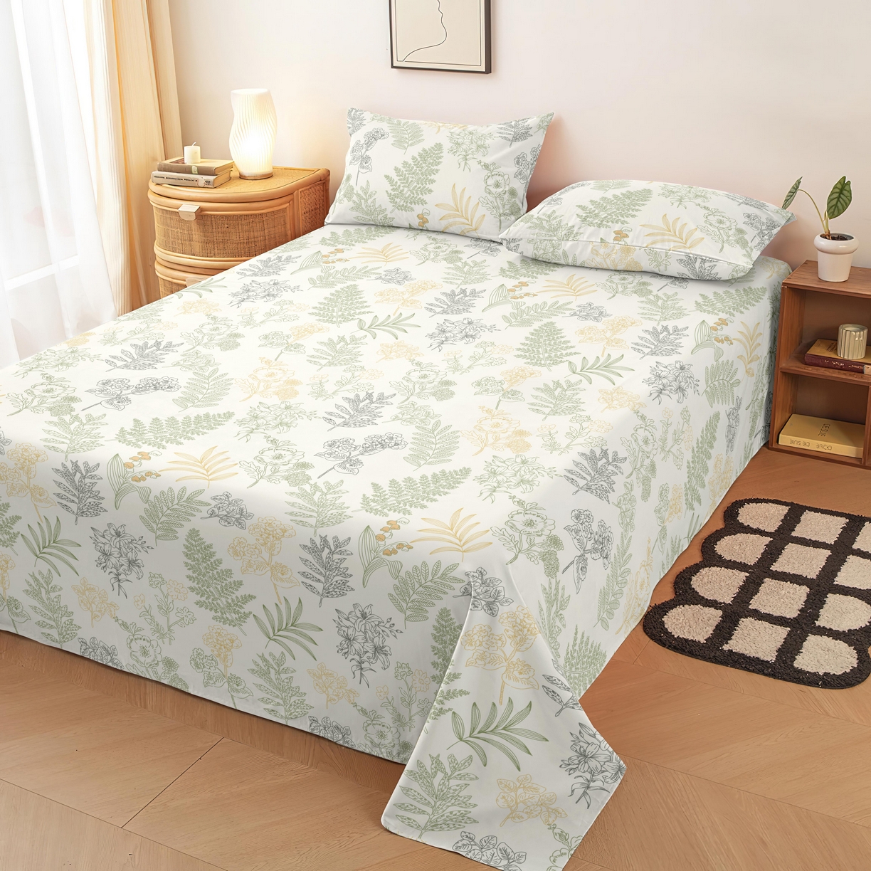 雨洋家纺 2026新款印花老粗布床单系列 繁花绿