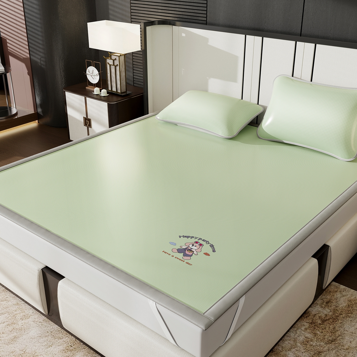 91家纺网 家纺一手货源 找家纺 家品罗兰 2026新款夏季A类碳光凉席三明治透气网冰丝凉席家用双人冰丝席床单可机洗单人学生宿舍上下铺夏天空调软席三件套 冰爽-绿