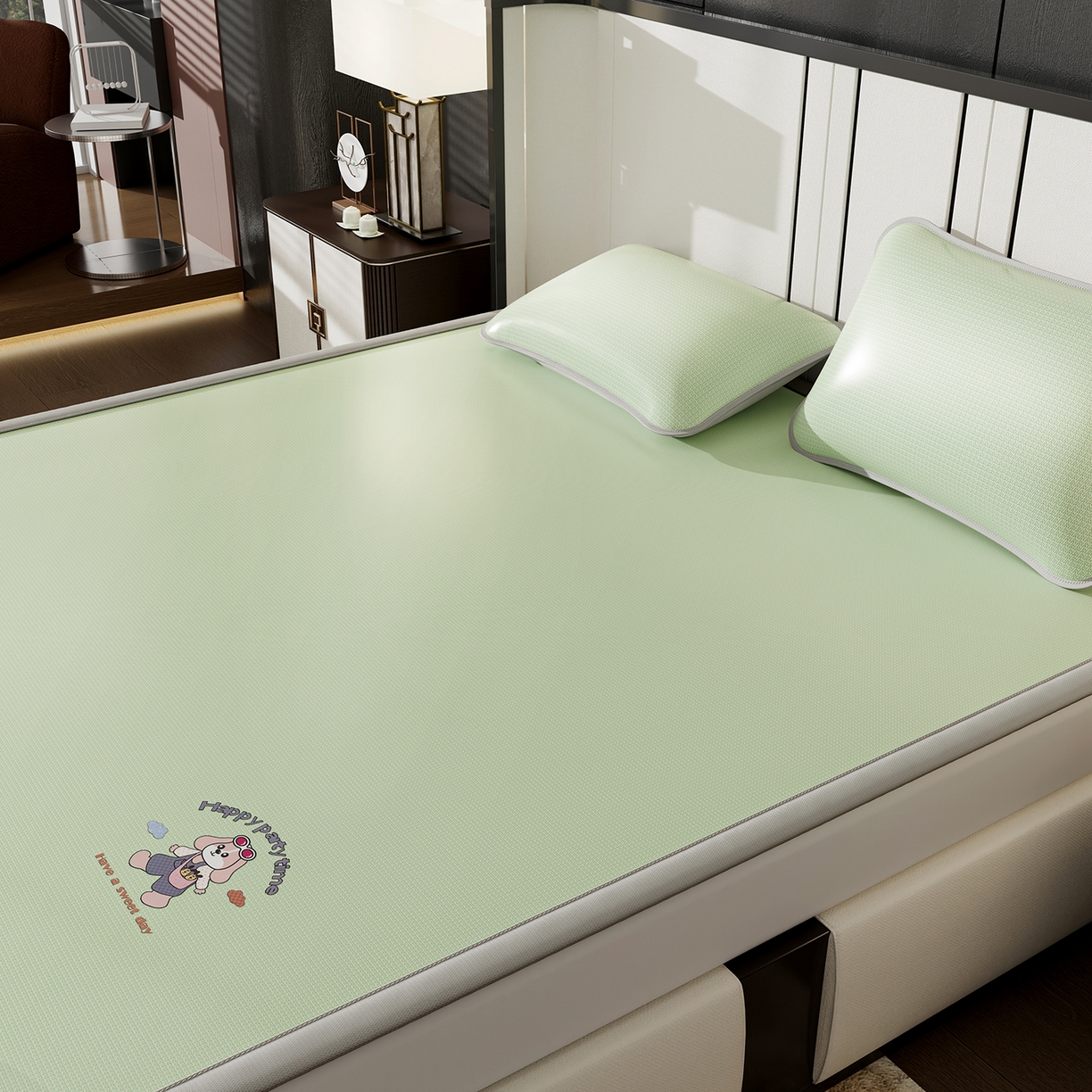 91家纺网 家纺一手货源 找家纺 家品罗兰 2026新款夏季A类碳光凉席三明治透气网冰丝凉席家用双人冰丝席床单可机洗单人学生宿舍上下铺夏天空调软席三件套 冰爽-绿