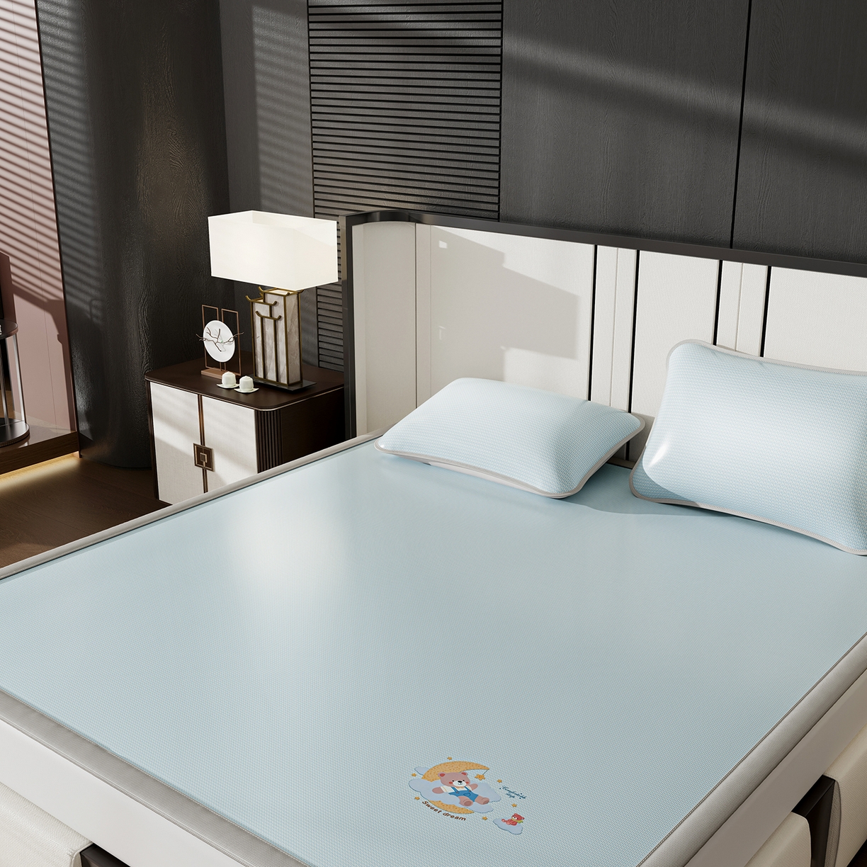 91家纺网 家纺一手货源 找家纺 家品罗兰 2026新款夏季A类碳光凉席三明治透气网冰丝凉席家用双人冰丝席床单可机洗单人学生宿舍上下铺夏天空调软席三件套 冰爽-蓝