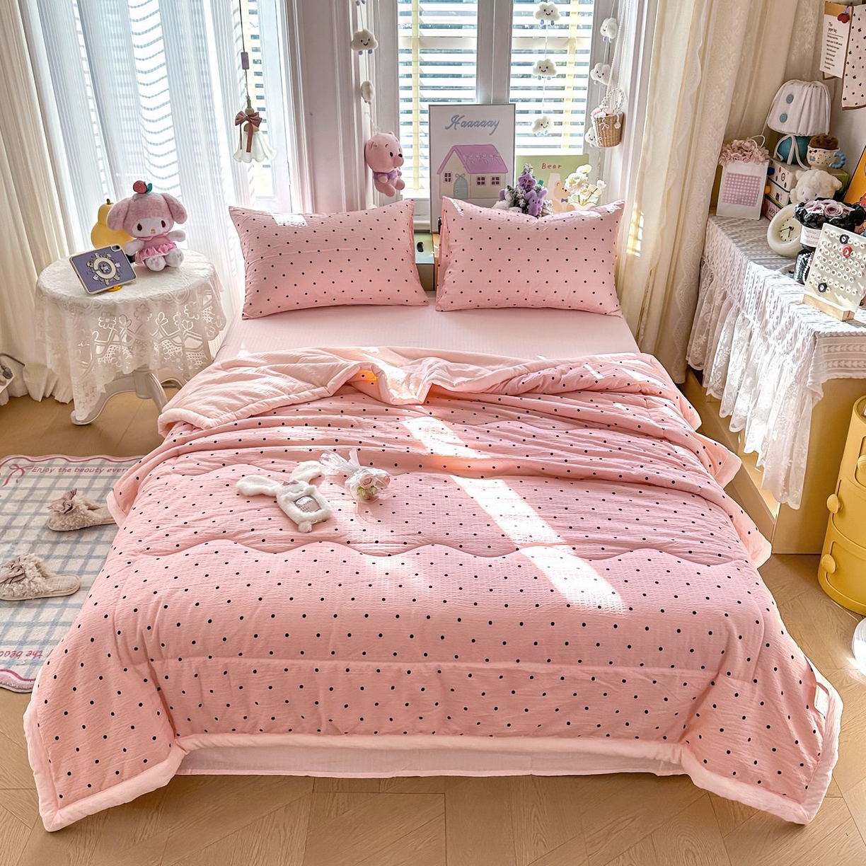 91家纺网 家纺一手货源 找家纺 瑞禾家纺 2026新款皱皱棉双层纱夏被四件套下载文件包含买家秀 波点生活-粉