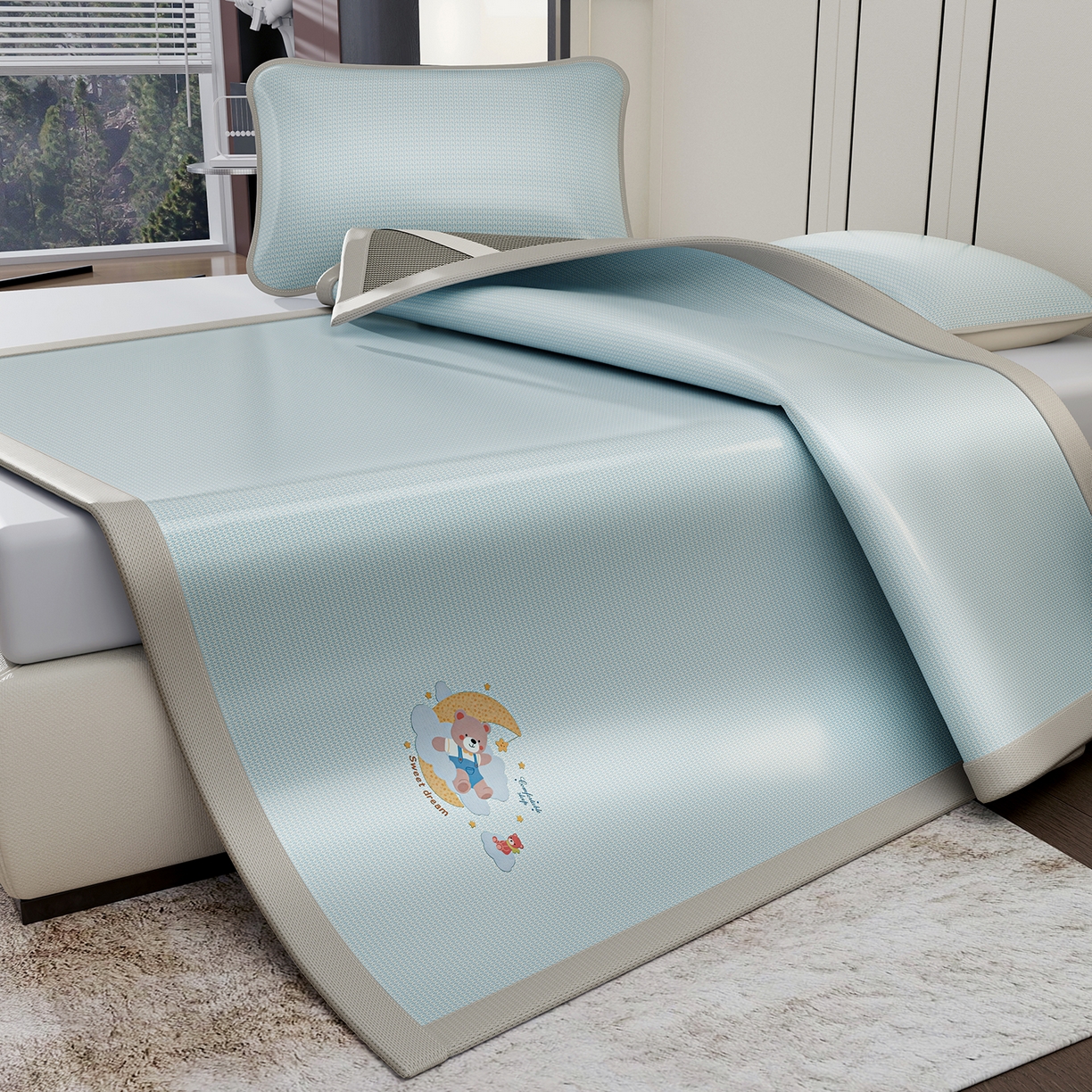 91家纺网 家纺一手货源 找家纺 家品罗兰 2026新款夏季A类碳光凉席三明治透气网冰丝凉席家用双人冰丝席床单可机洗单人学生宿舍上下铺夏天空调软席三件套 冰爽-蓝