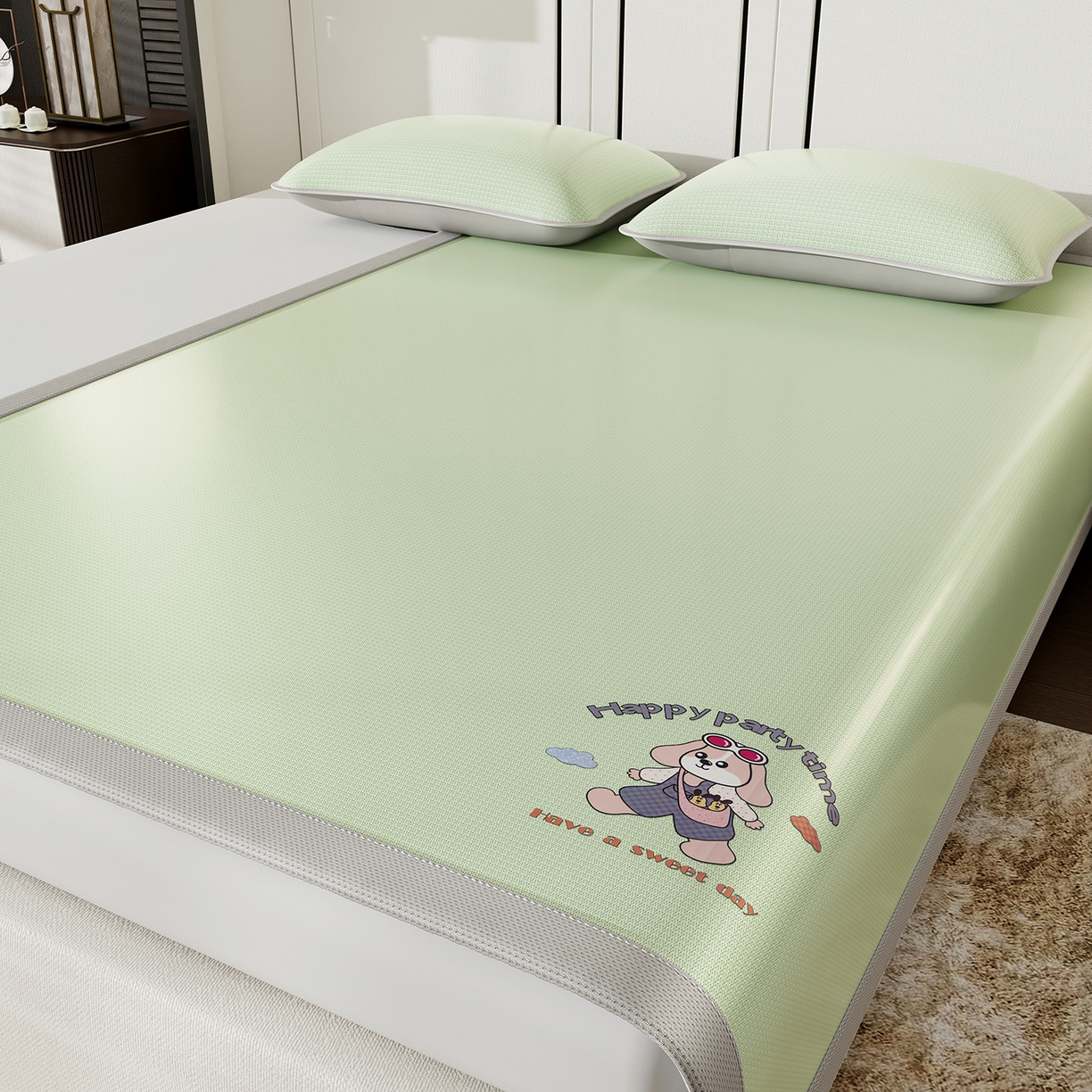 91家纺网 家纺一手货源 找家纺 家品罗兰 2026新款夏季A类碳光凉席三明治透气网冰丝凉席家用双人冰丝席床单可机洗单人学生宿舍上下铺夏天空调软席三件套 冰爽-绿