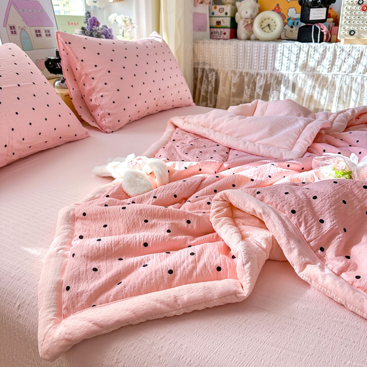 91家纺网 家纺一手货源 找家纺 瑞禾家纺 2026新款皱皱棉双层纱夏被四件套下载文件包含买家秀 波点生活-粉