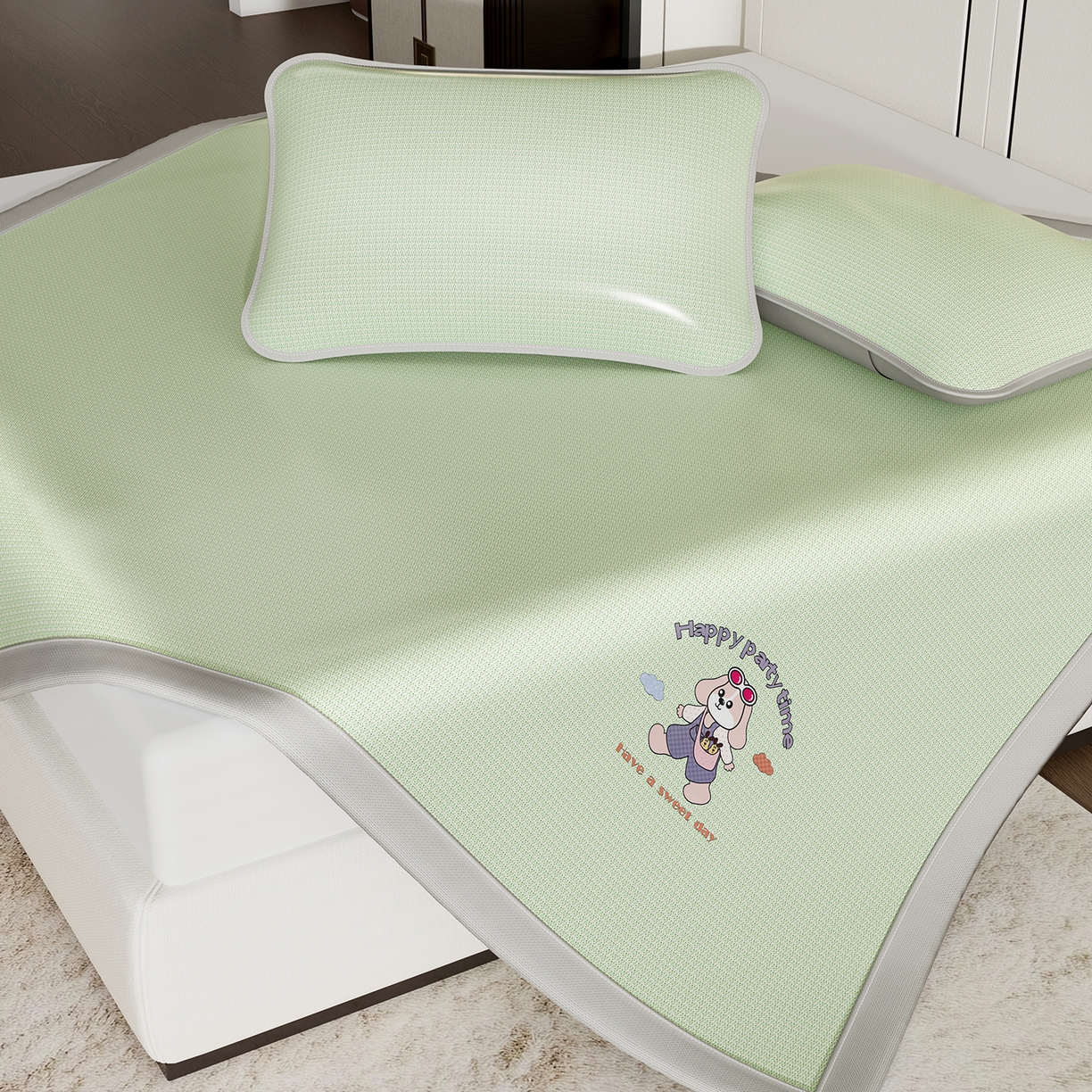 91家纺网 家纺一手货源 找家纺 家品罗兰 2026新款夏季A类碳光凉席三明治透气网冰丝凉席家用双人冰丝席床单可机洗单人学生宿舍上下铺夏天空调软席三件套 冰爽-绿