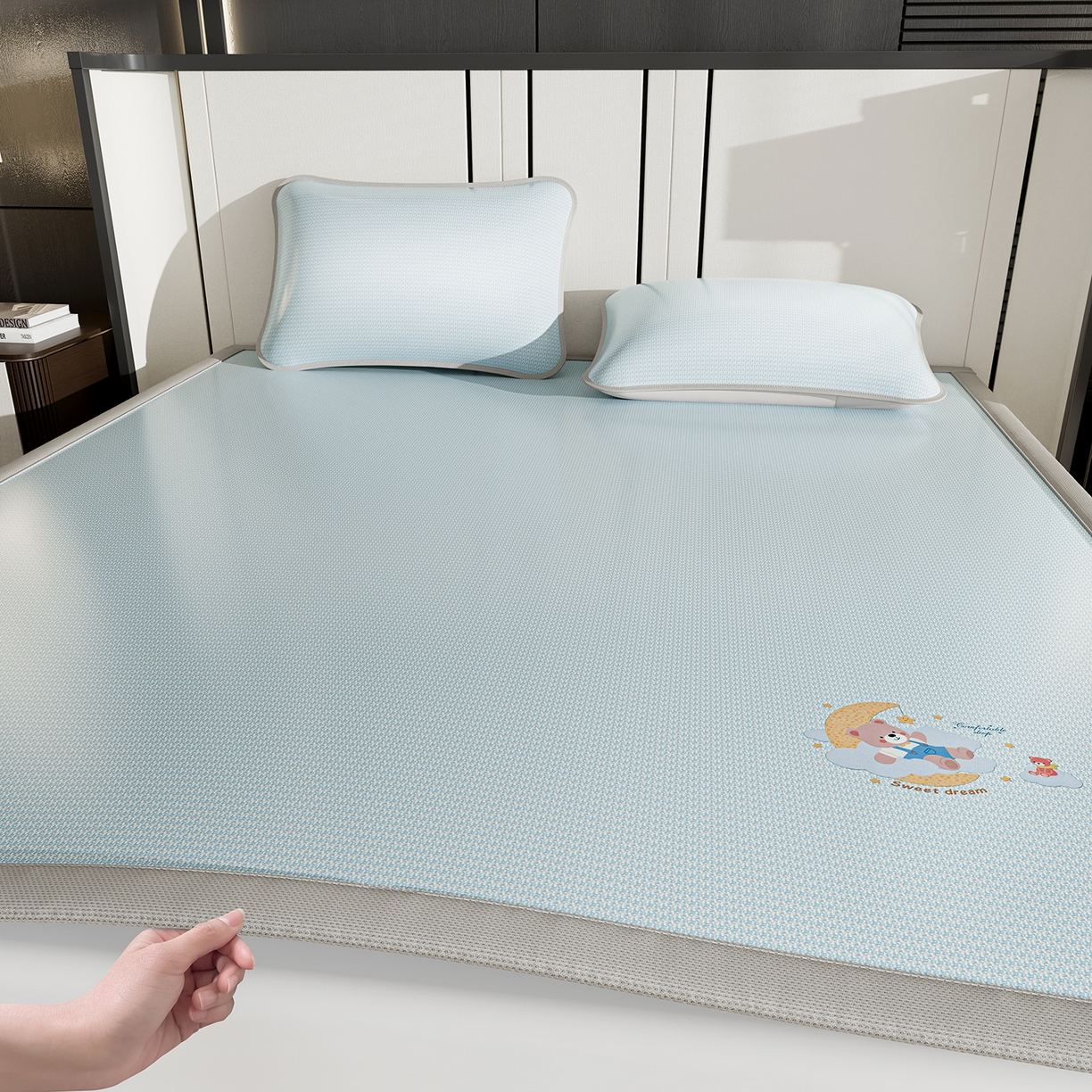 91家纺网 家纺一手货源 找家纺 家品罗兰 2026新款夏季A类碳光凉席三明治透气网冰丝凉席家用双人冰丝席床单可机洗单人学生宿舍上下铺夏天空调软席三件套 冰爽-蓝