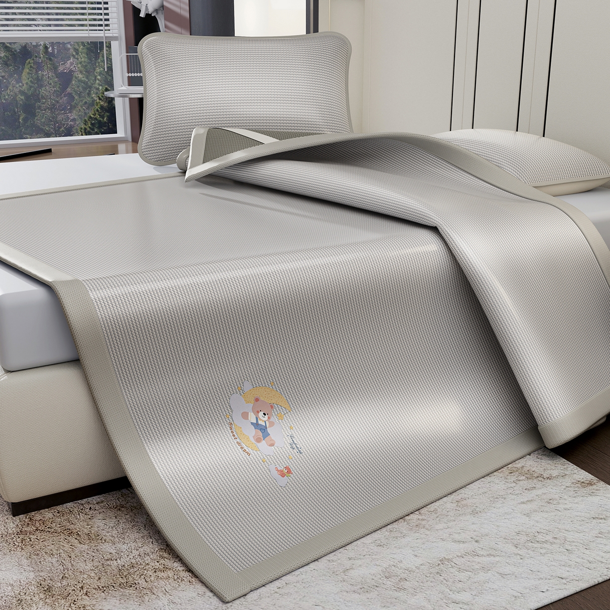 91家纺网 家纺一手货源 找家纺 家品罗兰 2026新款夏季A类碳光凉席三明治透气网冰丝凉席家用双人冰丝席床单可机洗单人学生宿舍上下铺夏天空调软席三件套 冰爽-灰