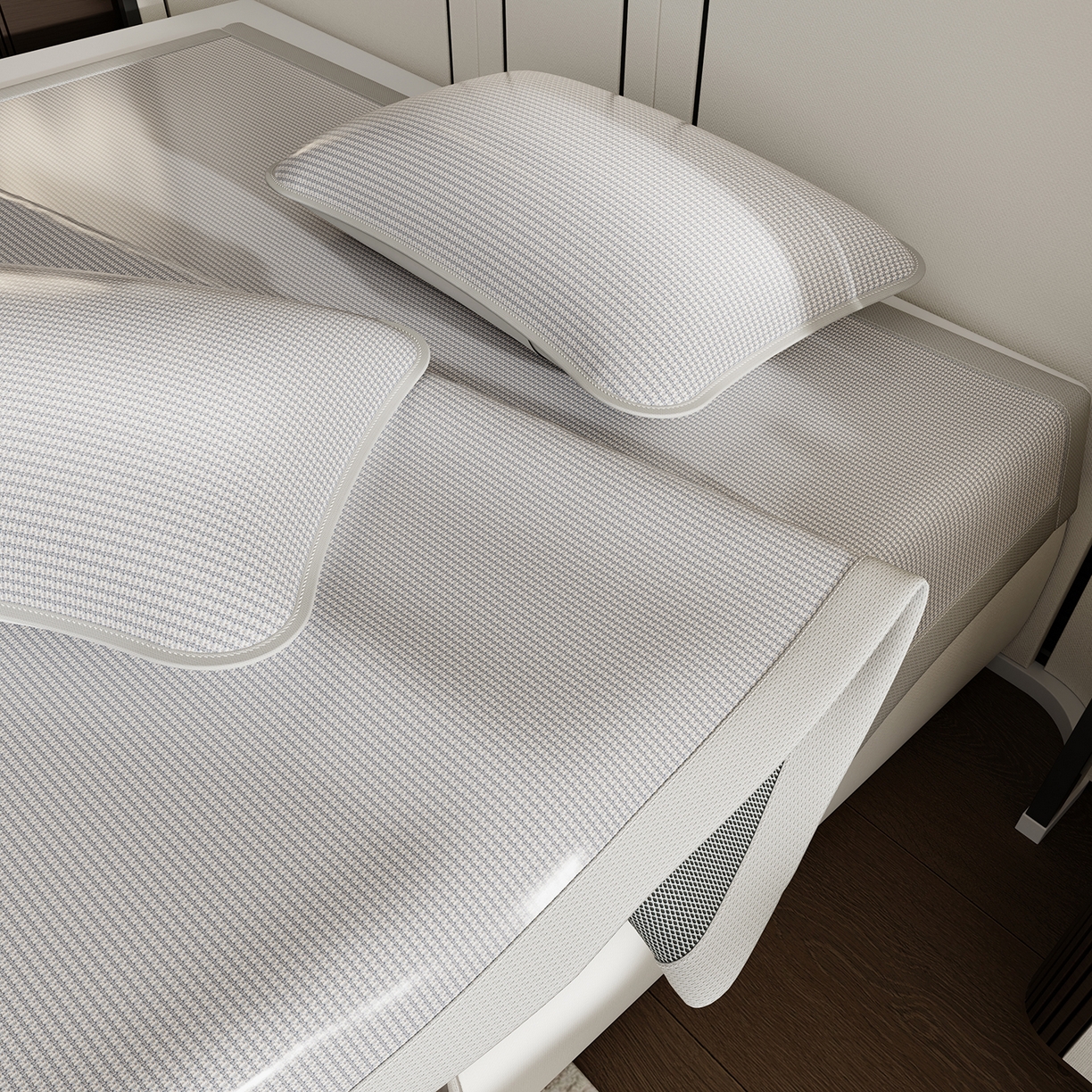 91家纺网 家纺一手货源 找家纺 家品罗兰 2026新款夏季A类碳光凉席三明治透气网冰丝凉席家用双人冰丝席床单可机洗单人学生宿舍上下铺夏天空调软席三件套 冰爽-灰