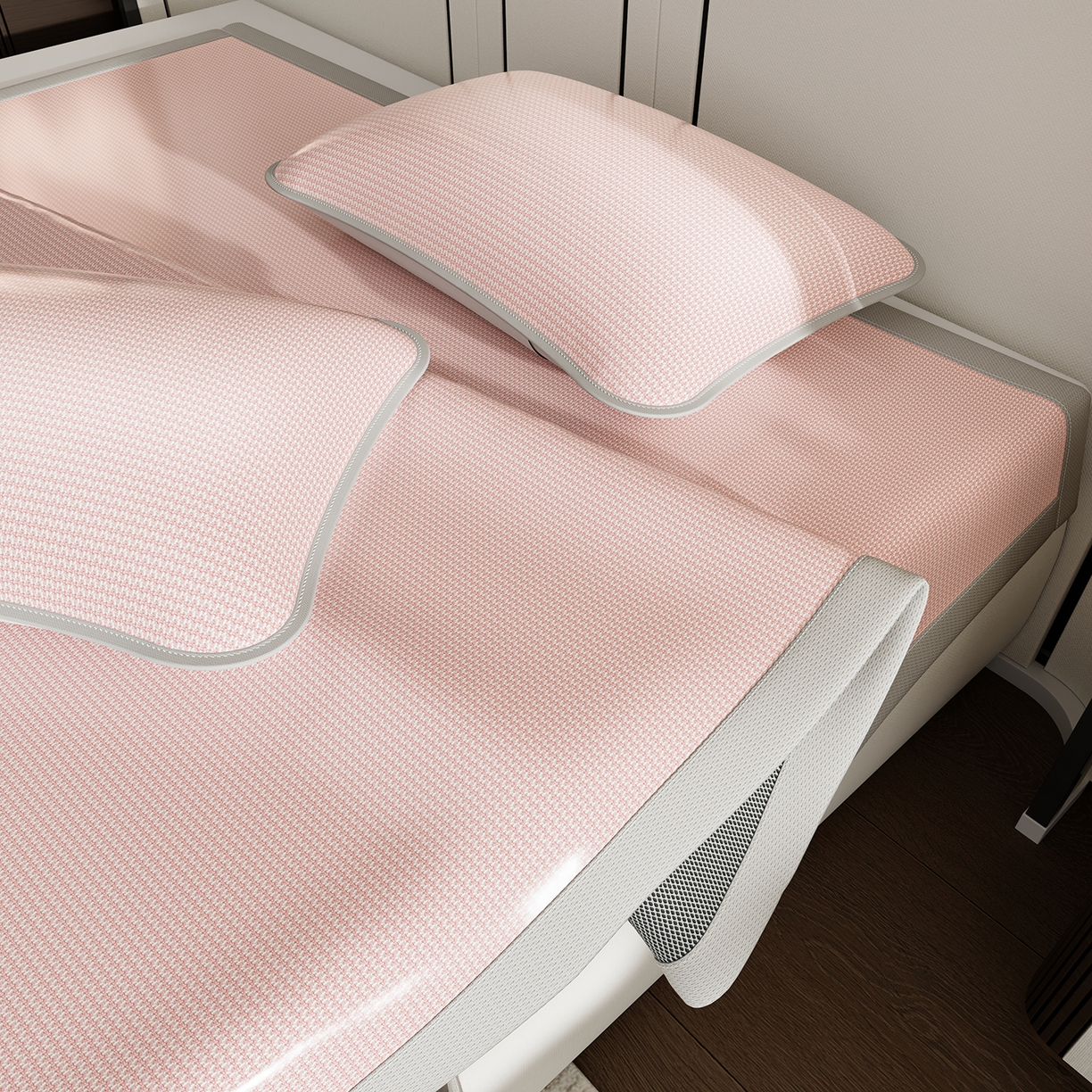 91家纺网 家纺一手货源 找家纺 家品罗兰 2026新款夏季A类碳光凉席三明治透气网冰丝凉席家用双人冰丝席床单可机洗单人学生宿舍上下铺夏天空调软席三件套 冰爽-粉