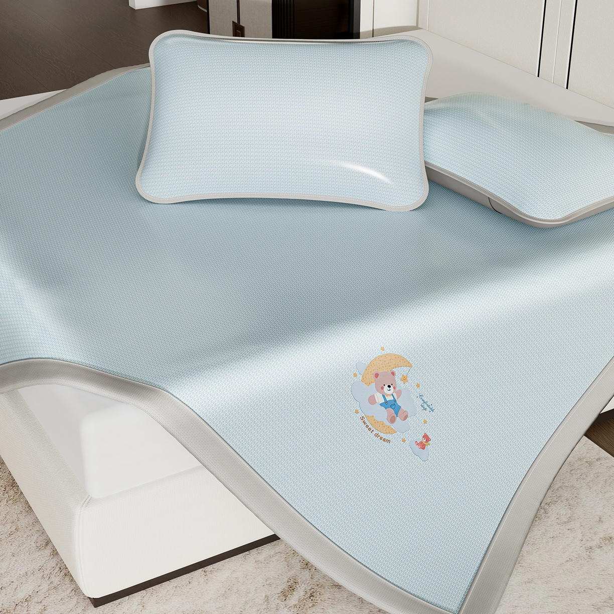 91家纺网 家纺一手货源 找家纺 家品罗兰 2026新款夏季A类碳光凉席三明治透气网冰丝凉席家用双人冰丝席床单可机洗单人学生宿舍上下铺夏天空调软席三件套 冰爽-蓝