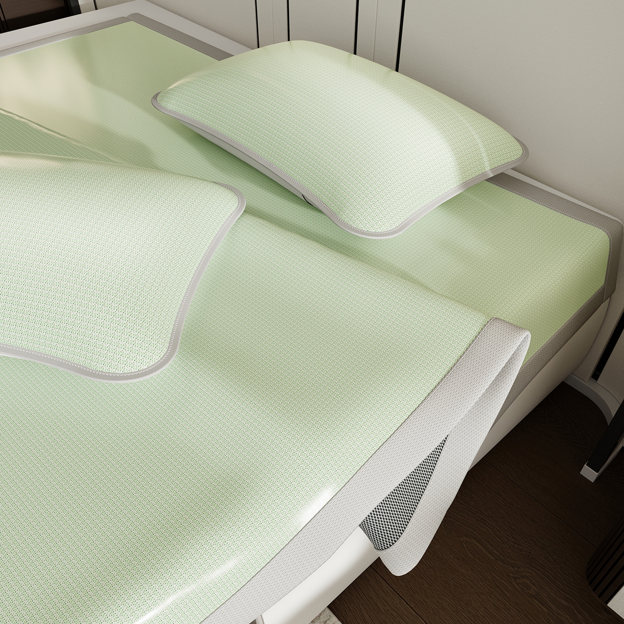 91家纺网 家纺一手货源 找家纺 家品罗兰 2026新款夏季A类碳光凉席三明治透气网冰丝凉席家用双人冰丝席床单可机洗单人学生宿舍上下铺夏天空调软席三件套 冰爽-绿