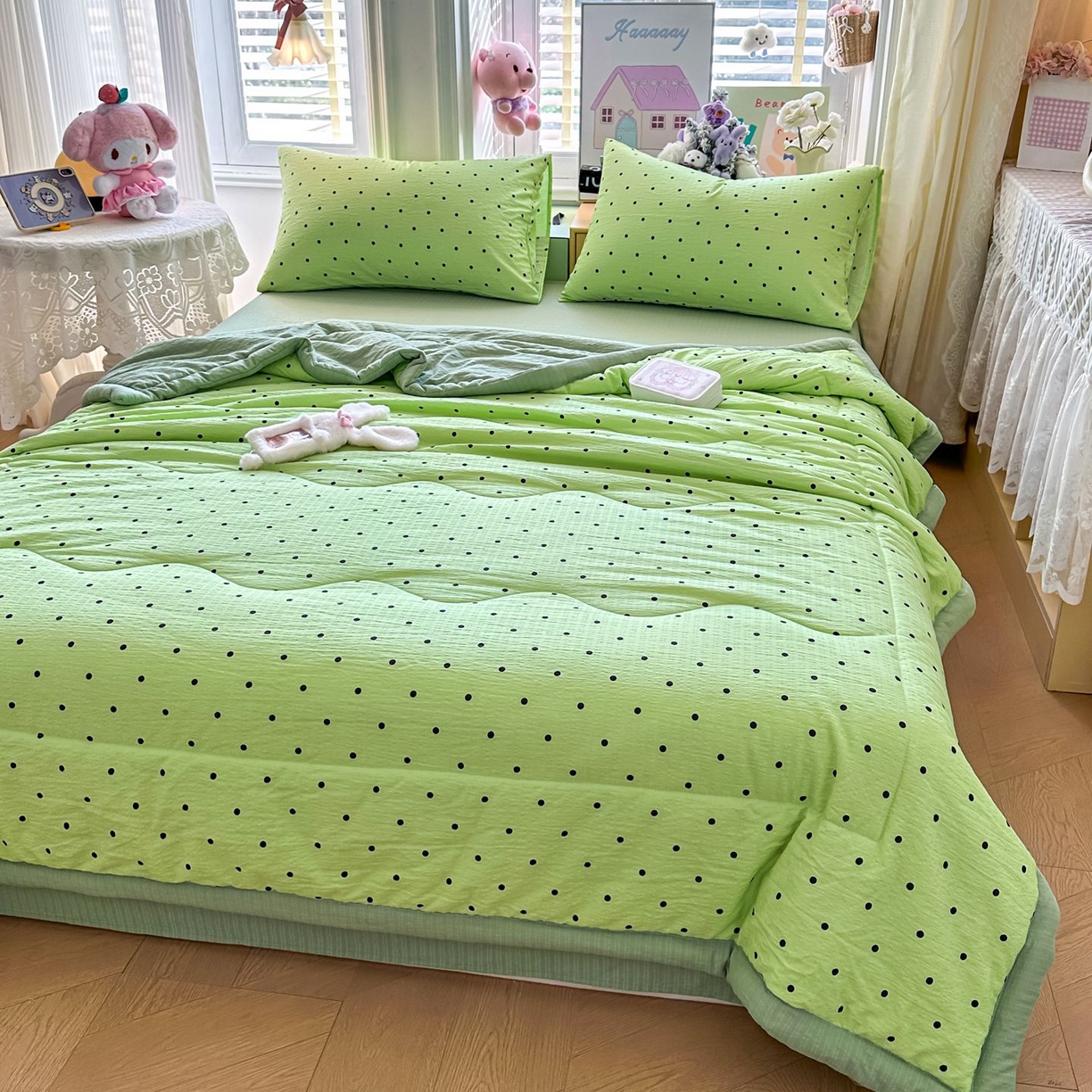 91家纺网 家纺一手货源 找家纺 瑞禾家纺 2026新款皱皱棉双层纱夏被四件套下载文件包含买家秀 波点生活-绿