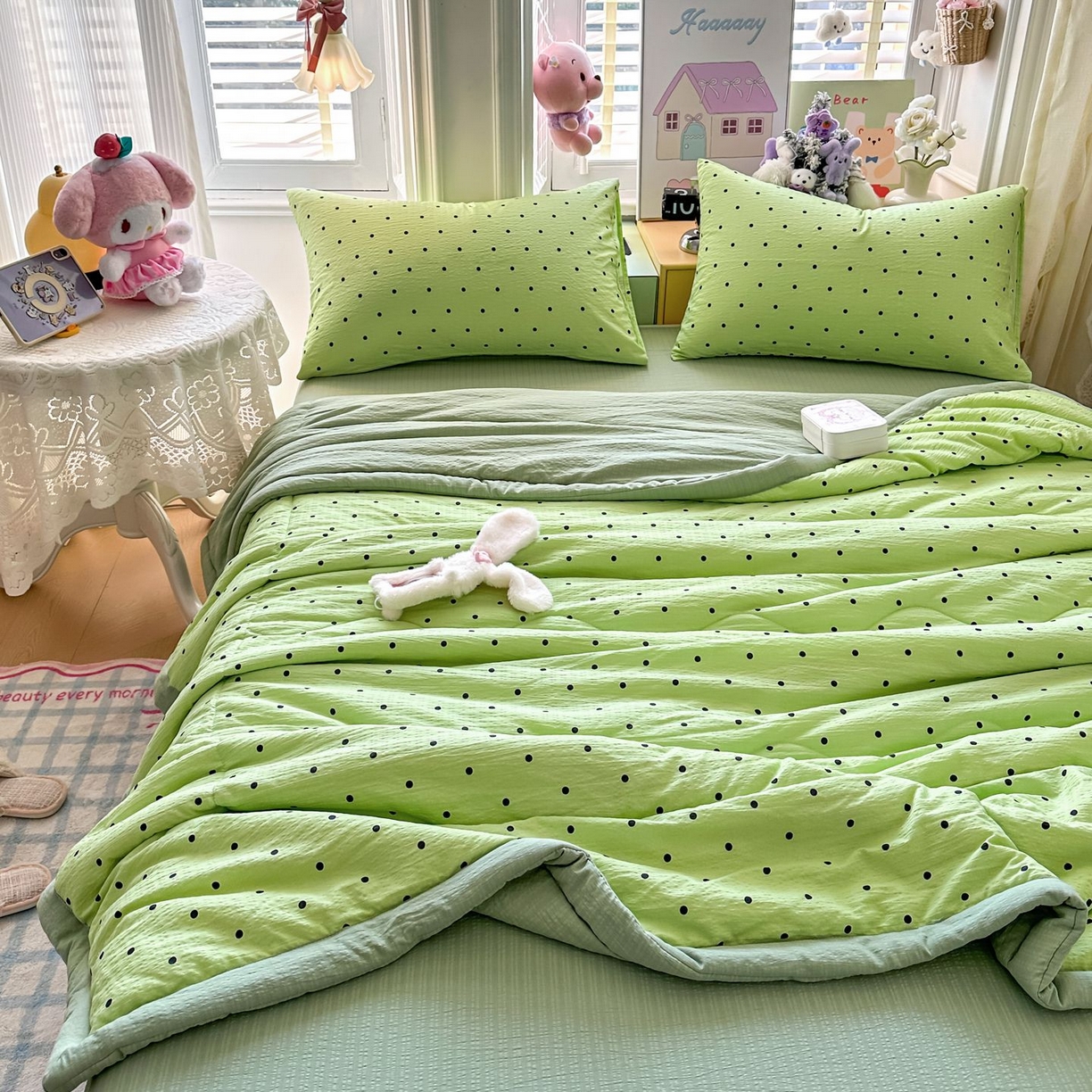 91家纺网 家纺一手货源 找家纺 瑞禾家纺 2026新款皱皱棉双层纱夏被四件套下载文件包含买家秀 波点生活-绿