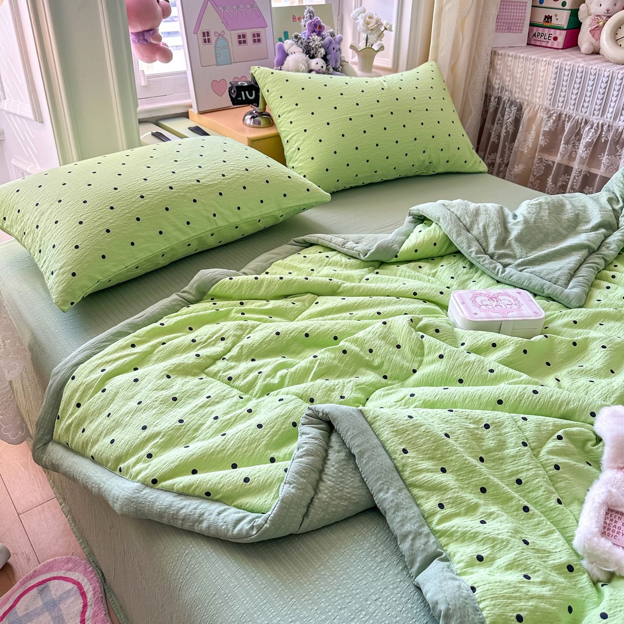 91家纺网 家纺一手货源 找家纺 瑞禾家纺 2026新款皱皱棉双层纱夏被四件套下载文件包含买家秀 波点生活-绿