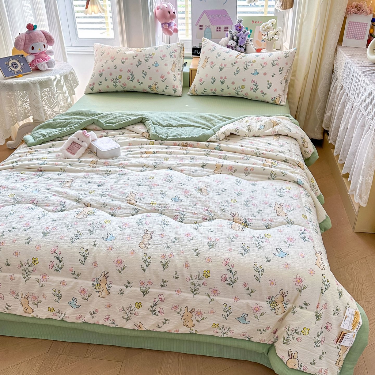 91家纺网 家纺一手货源 找家纺 瑞禾家纺 2026新款皱皱棉双层纱夏被四件套下载文件包含买家秀 花园小兔