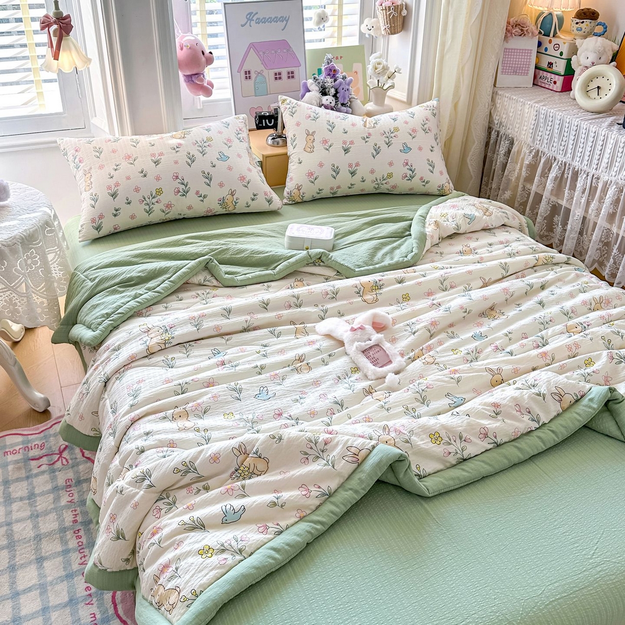 91家纺网 家纺一手货源 找家纺 瑞禾家纺 2026新款皱皱棉双层纱夏被四件套下载文件包含买家秀 花园小兔