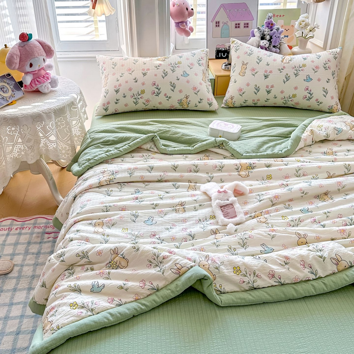 91家纺网 家纺一手货源 找家纺 瑞禾家纺 2026新款皱皱棉双层纱夏被四件套下载文件包含买家秀 花园小兔