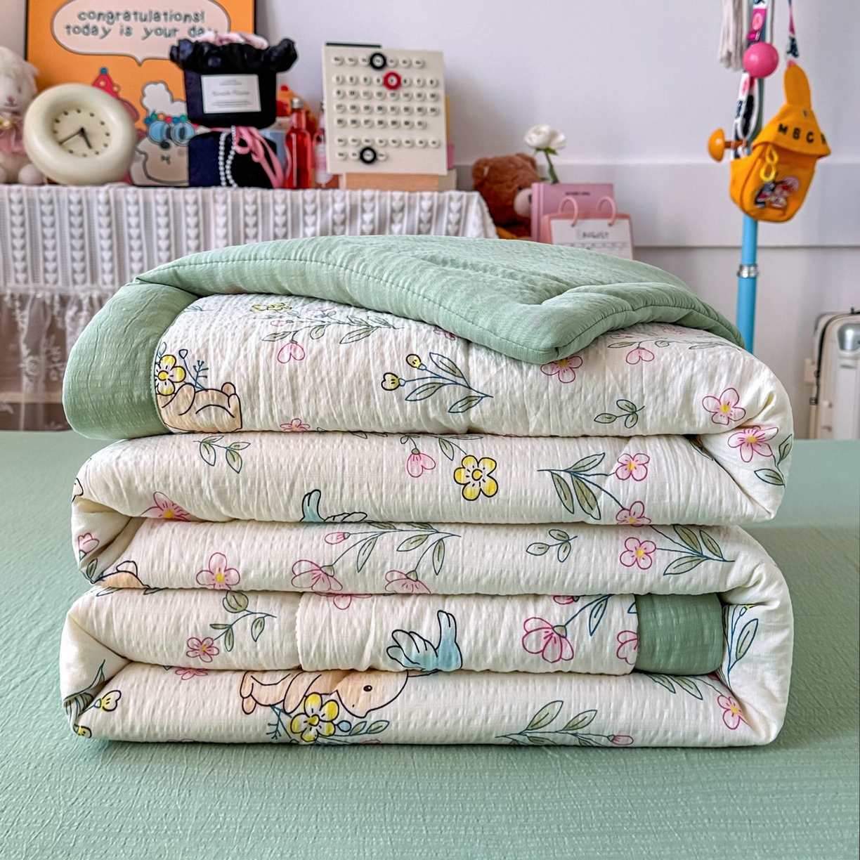 91家纺网 家纺一手货源 找家纺 瑞禾家纺 2026新款皱皱棉双层纱夏被四件套下载文件包含买家秀 花园小兔