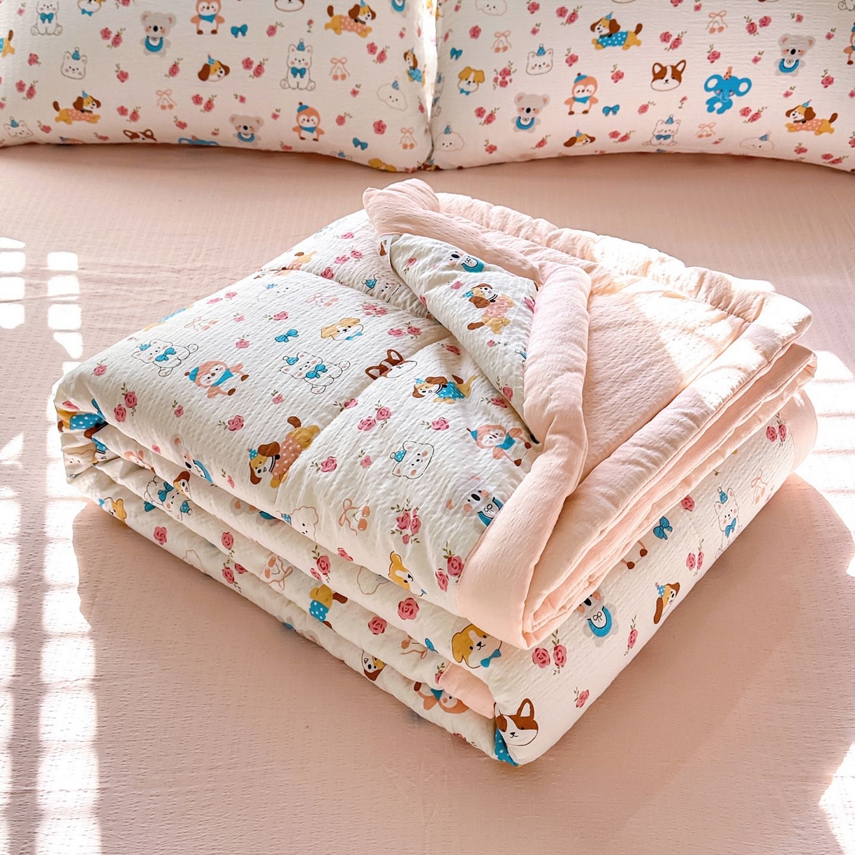 91家纺网 家纺一手货源 找家纺 瑞禾家纺 2026新款皱皱棉双层纱夏被四件套下载文件包含买家秀 萌趣花梦