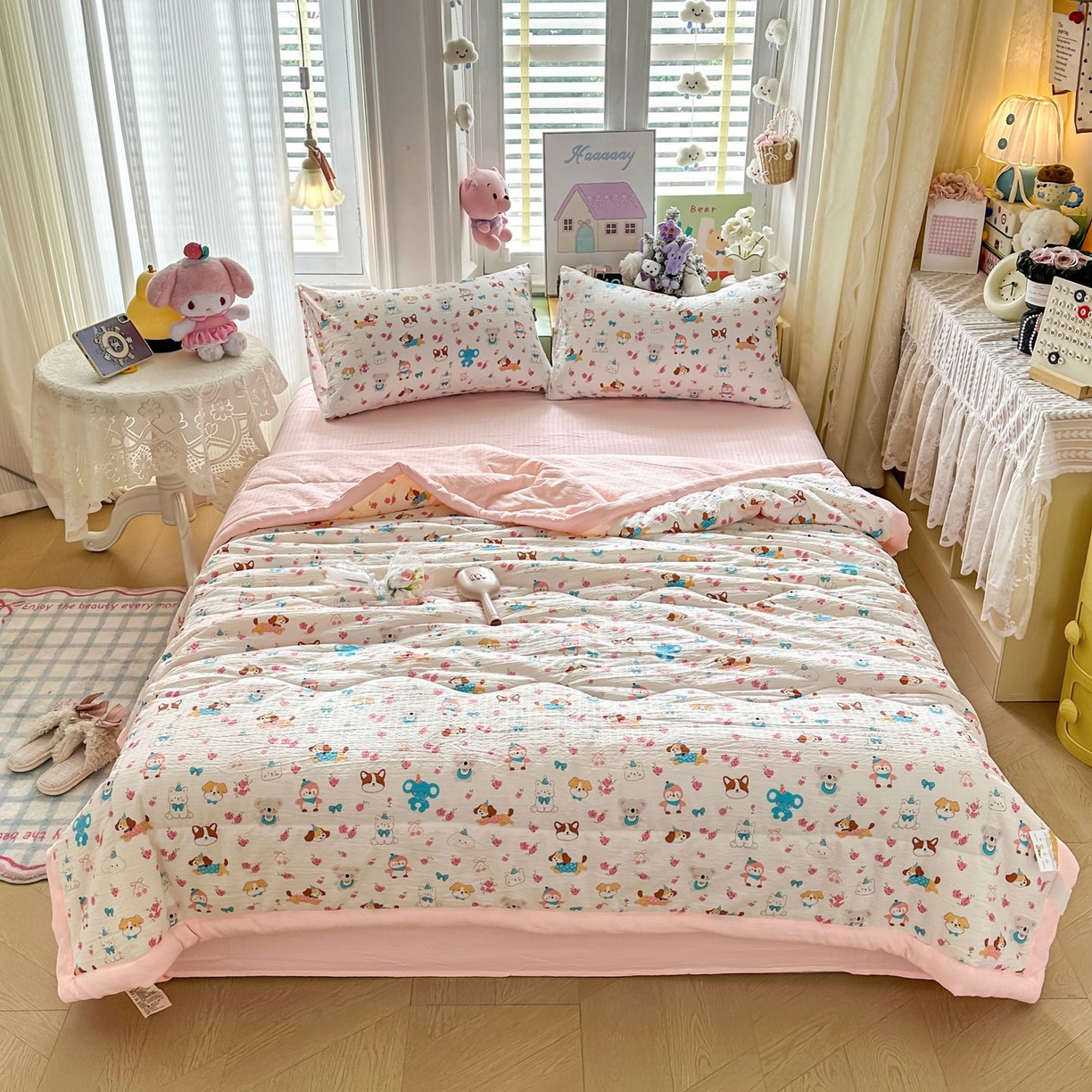 91家纺网 家纺一手货源 找家纺 瑞禾家纺 2026新款皱皱棉双层纱夏被四件套下载文件包含买家秀 萌趣花梦