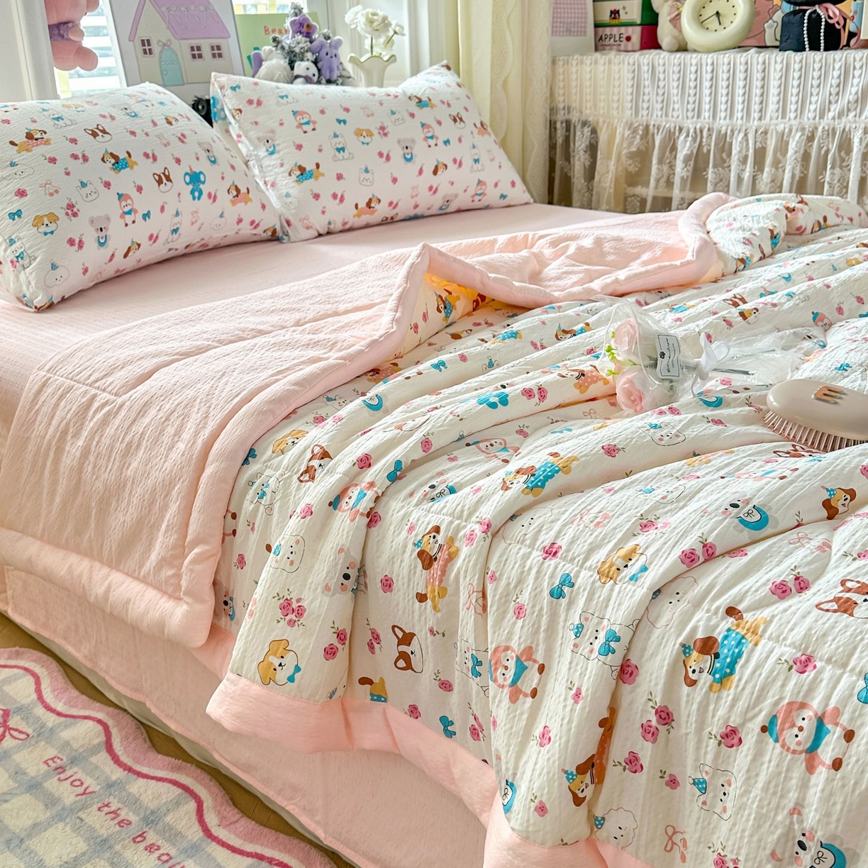 91家纺网 家纺一手货源 找家纺 瑞禾家纺 2026新款皱皱棉双层纱夏被四件套下载文件包含买家秀 萌趣花梦