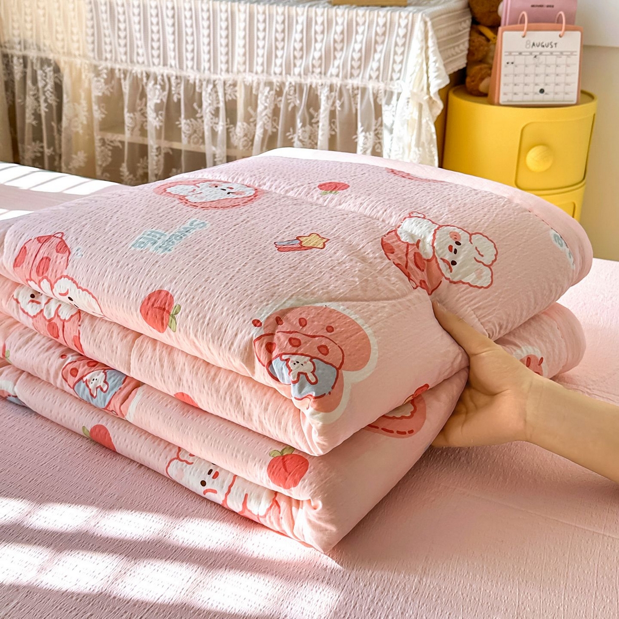 91家纺网 家纺一手货源 找家纺 瑞禾家纺 2026新款皱皱棉双层纱夏被四件套下载文件包含买家秀 蜜桃粉兔