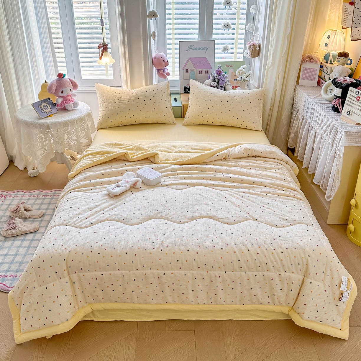 91家纺网 家纺一手货源 找家纺 瑞禾家纺 2026新款皱皱棉双层纱夏被四件套下载文件包含买家秀 奶油波点