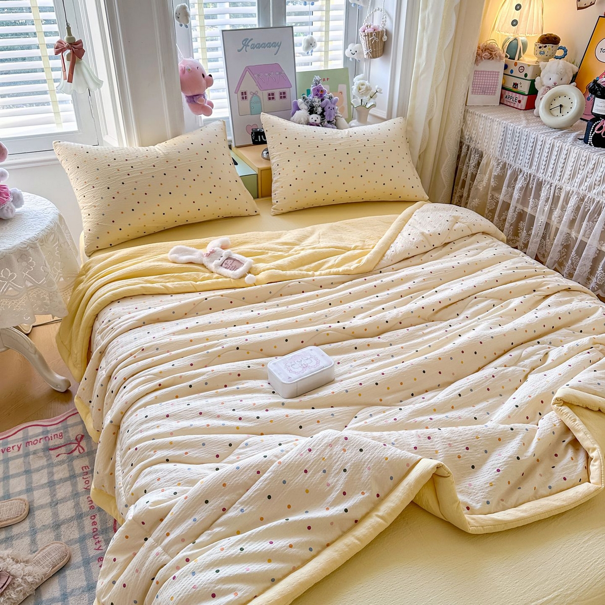 91家纺网 家纺一手货源 找家纺 瑞禾家纺 2026新款皱皱棉双层纱夏被四件套下载文件包含买家秀 奶油波点