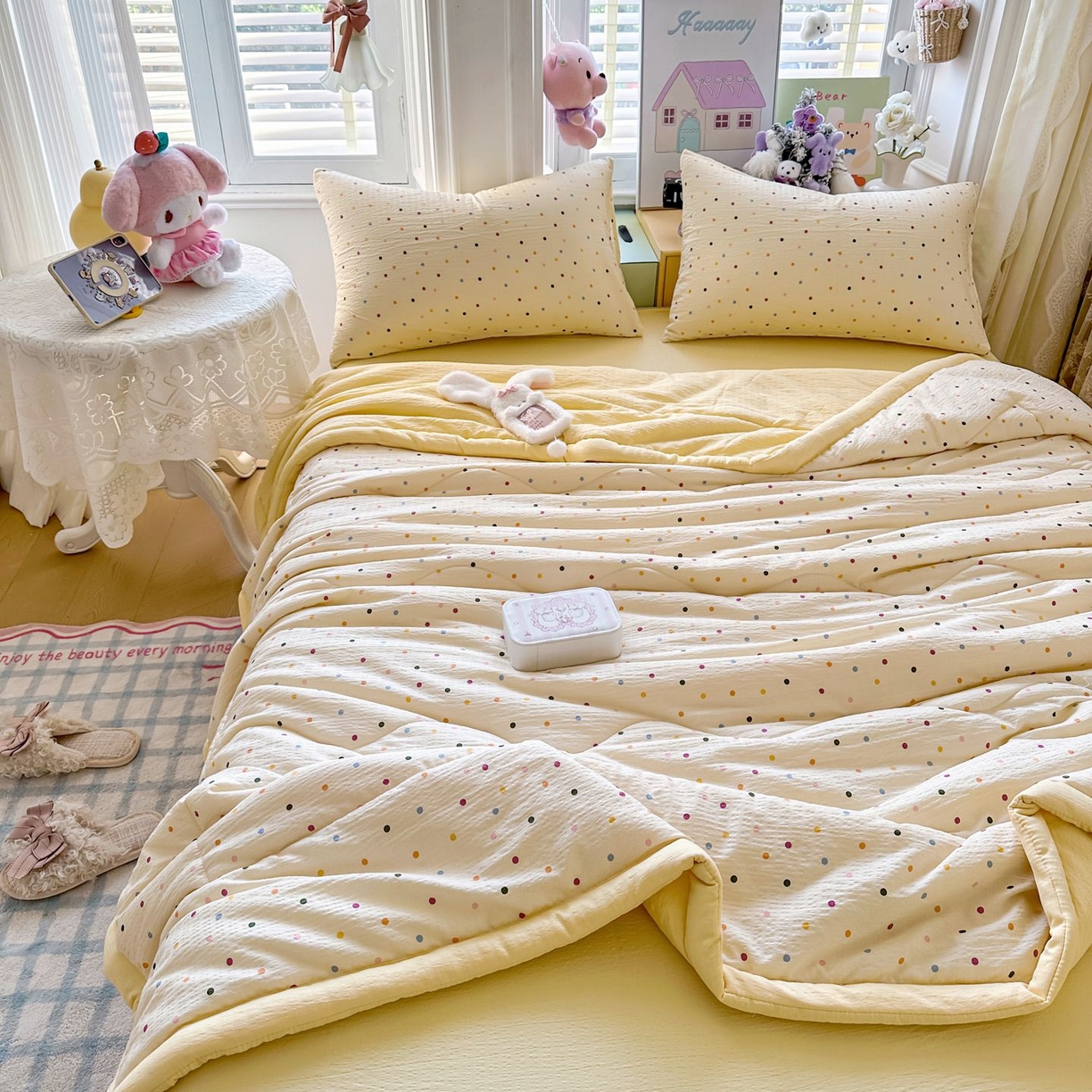 91家纺网 家纺一手货源 找家纺 瑞禾家纺 2026新款皱皱棉双层纱夏被四件套下载文件包含买家秀 奶油波点