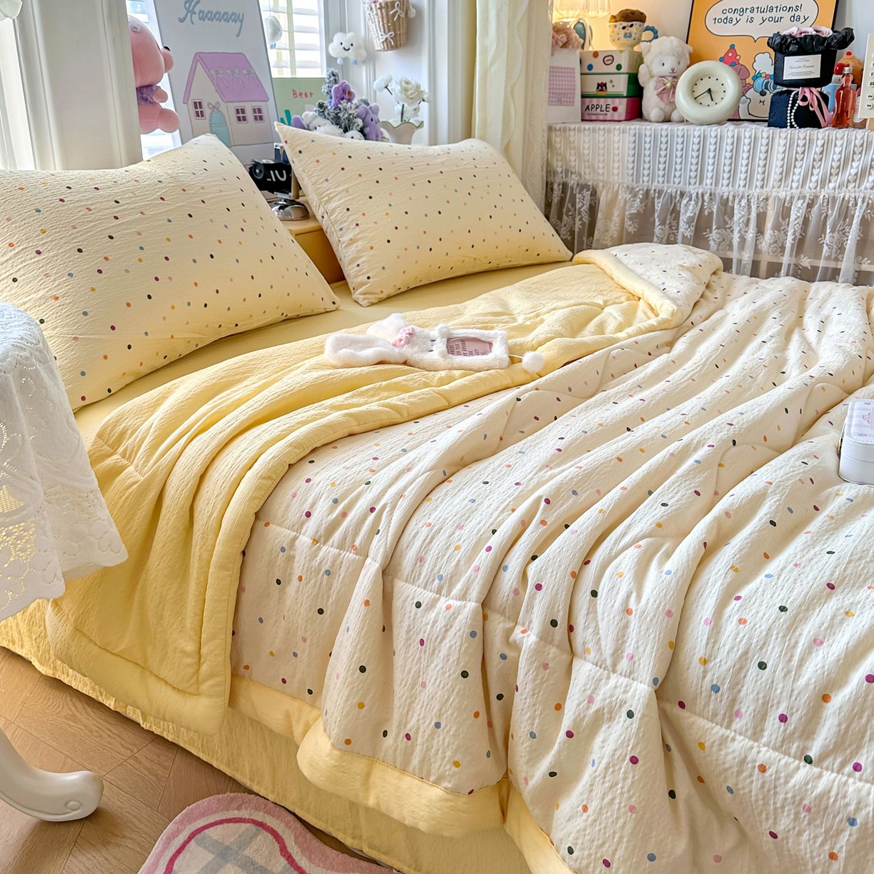 91家纺网 家纺一手货源 找家纺 瑞禾家纺 2026新款皱皱棉双层纱夏被四件套下载文件包含买家秀 奶油波点