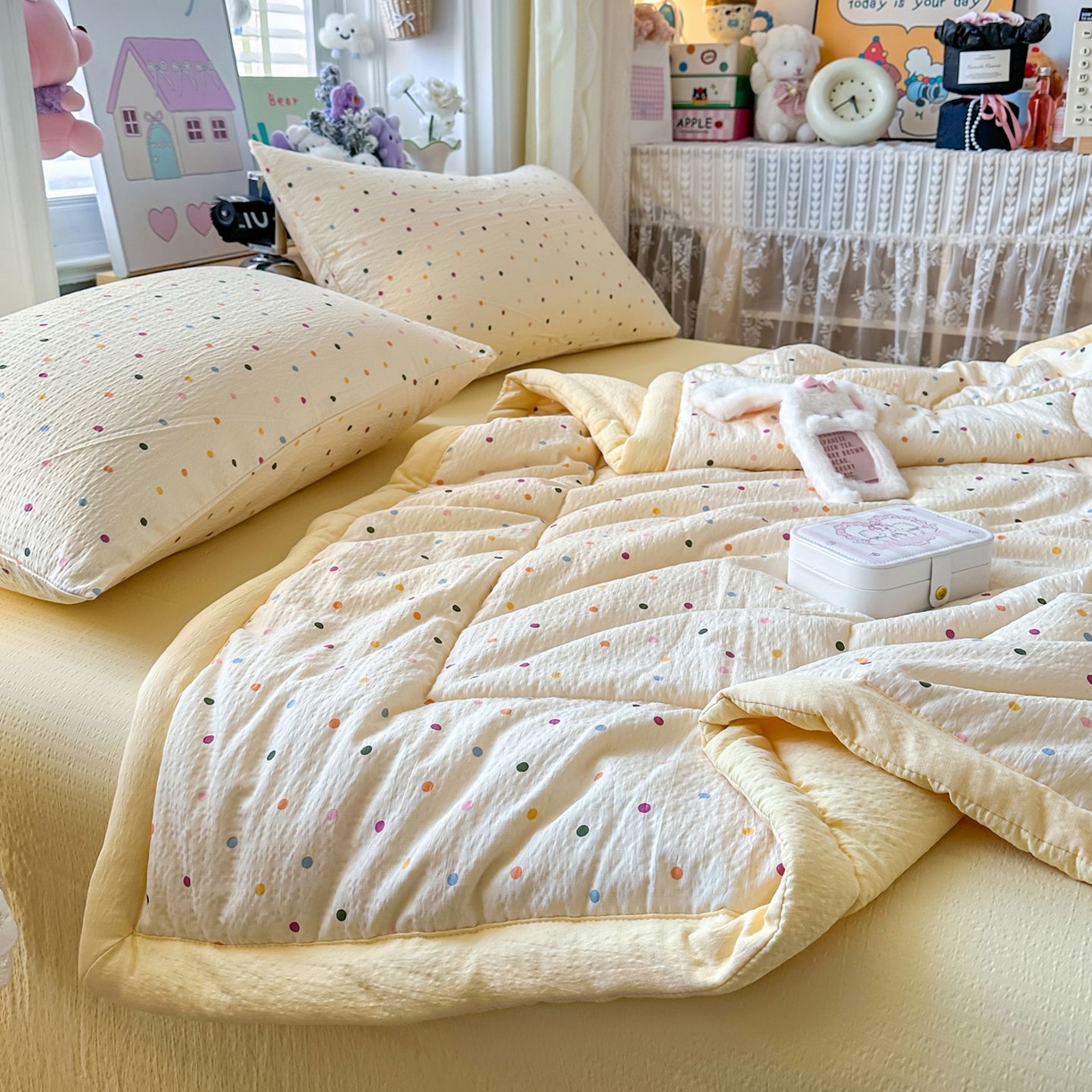 91家纺网 家纺一手货源 找家纺 瑞禾家纺 2026新款皱皱棉双层纱夏被四件套下载文件包含买家秀 奶油波点