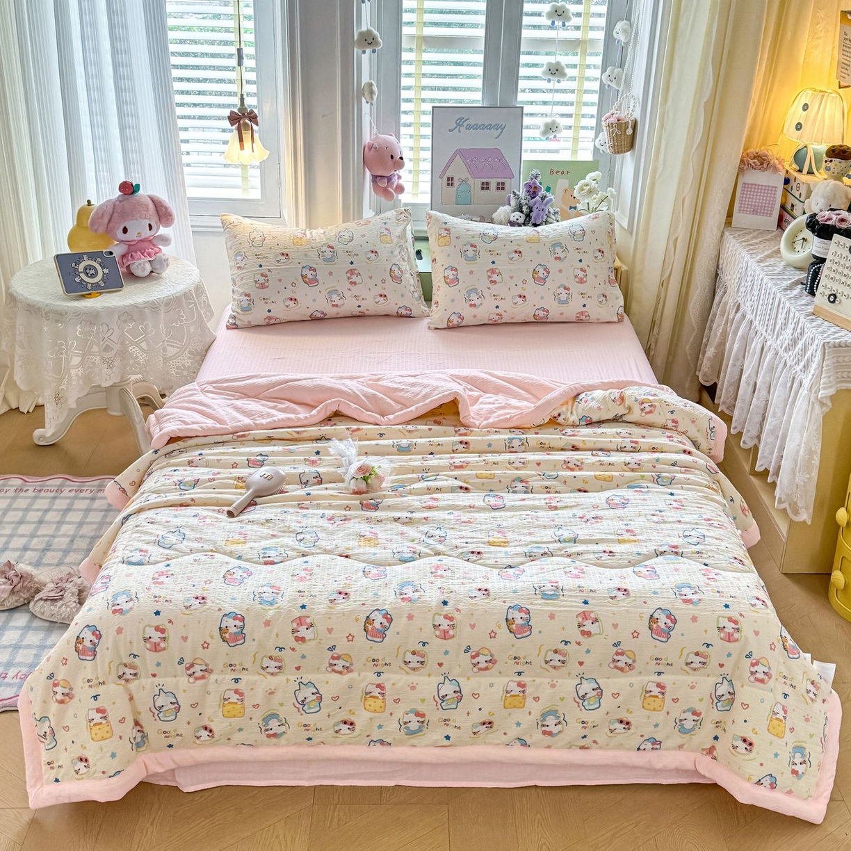 91家纺网 家纺一手货源 找家纺 瑞禾家纺 2026新款皱皱棉双层纱夏被四件套下载文件包含买家秀 泡芙猫咪