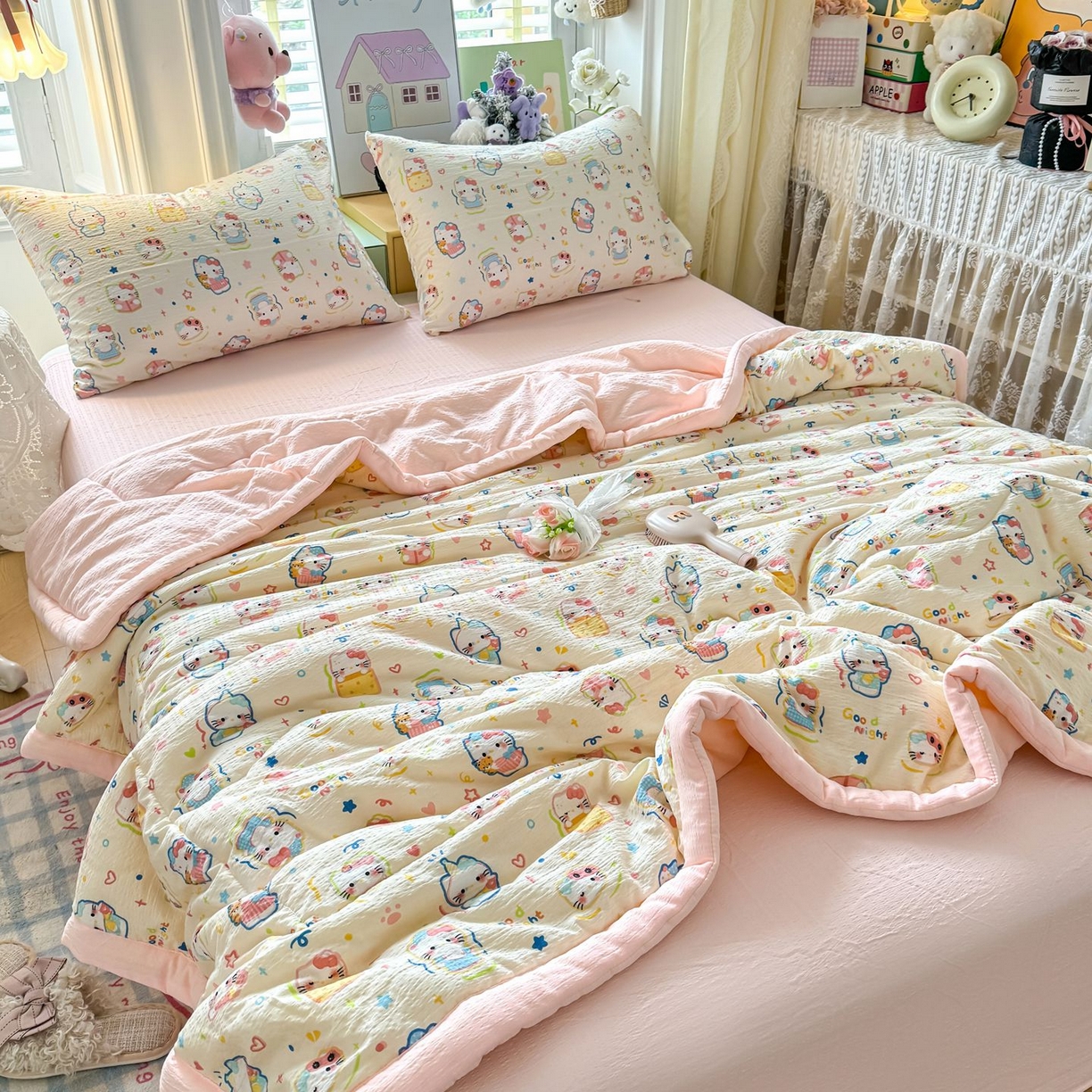 91家纺网 家纺一手货源 找家纺 瑞禾家纺 2026新款皱皱棉双层纱夏被四件套下载文件包含买家秀 泡芙猫咪