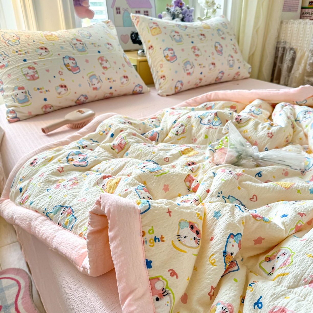 91家纺网 家纺一手货源 找家纺 瑞禾家纺 2026新款皱皱棉双层纱夏被四件套下载文件包含买家秀 泡芙猫咪