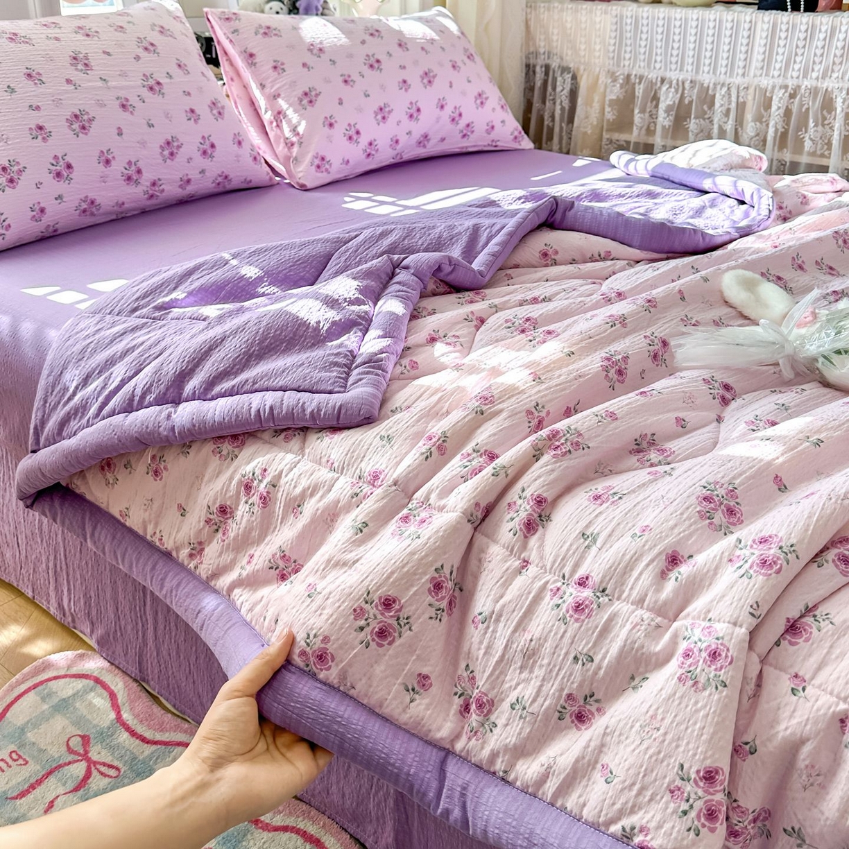 91家纺网 家纺一手货源 找家纺 瑞禾家纺 2026新款皱皱棉双层纱夏被四件套下载文件包含买家秀 午后甜梦
