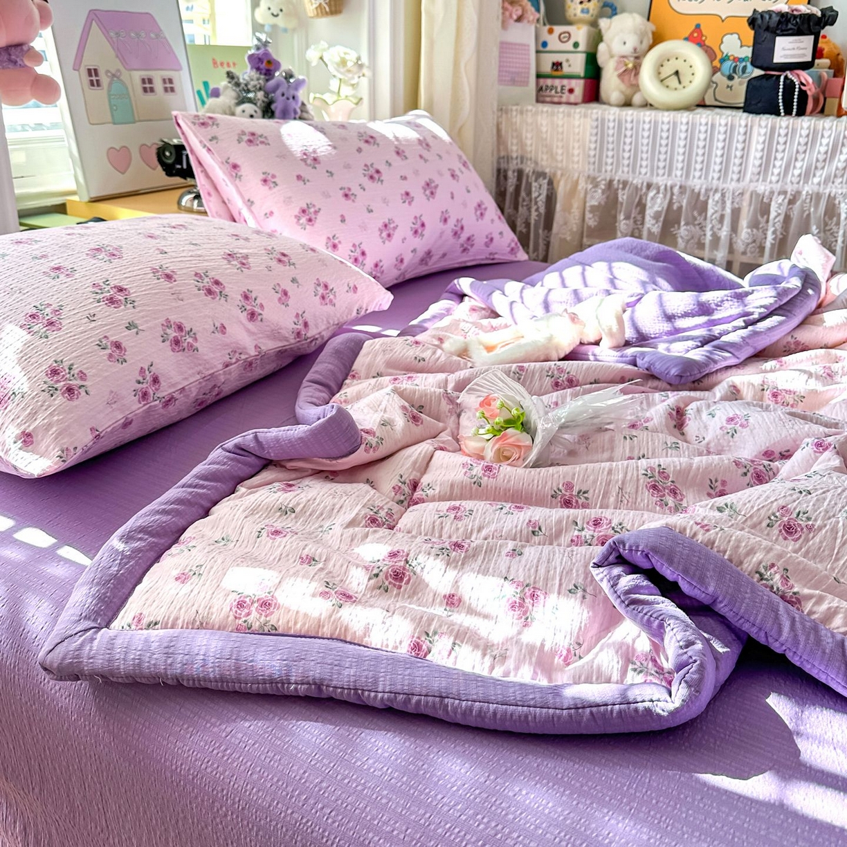 91家纺网 家纺一手货源 找家纺 瑞禾家纺 2026新款皱皱棉双层纱夏被四件套下载文件包含买家秀 午后甜梦