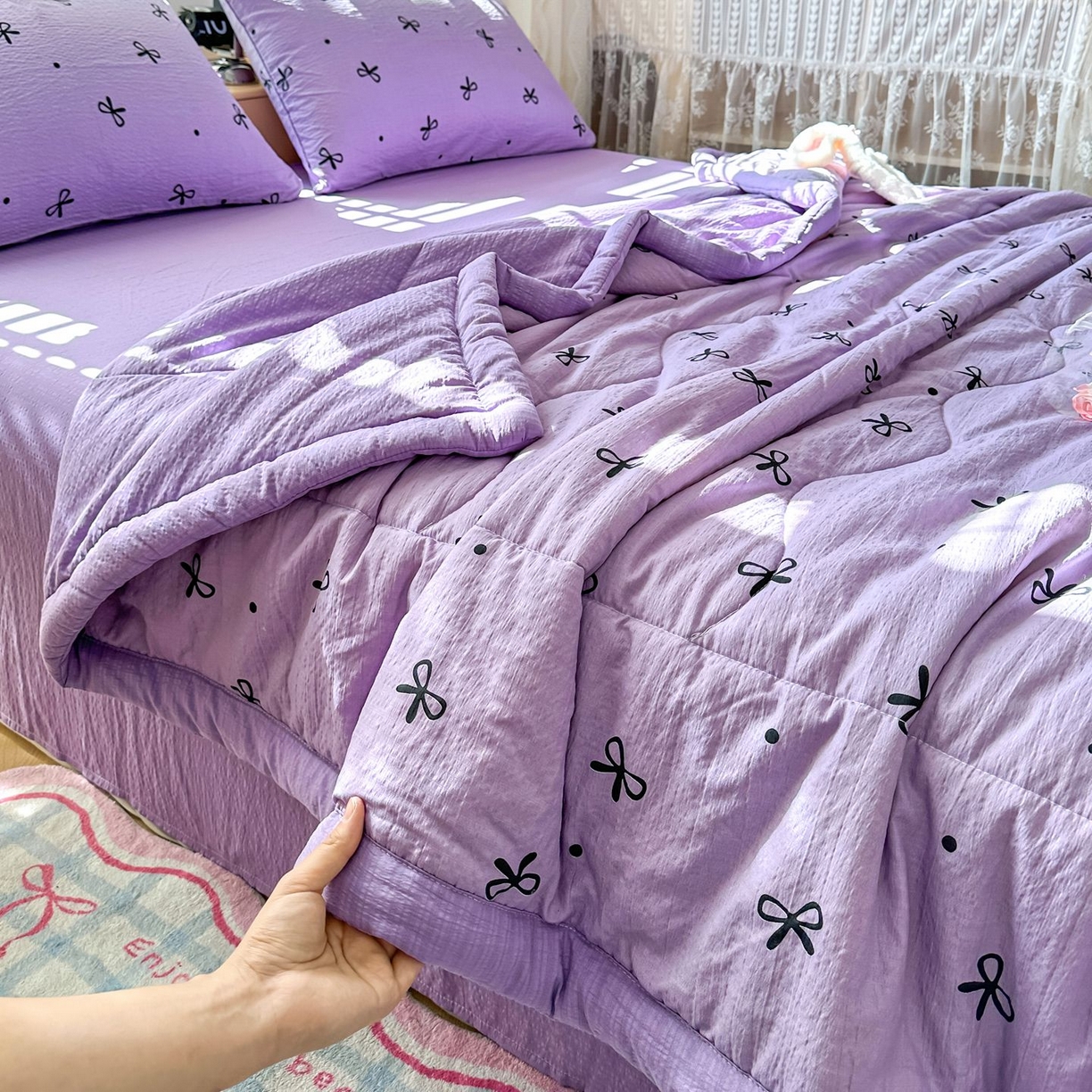 91家纺网 家纺一手货源 找家纺 瑞禾家纺 2026新款皱皱棉双层纱夏被四件套下载文件包含买家秀 紫苏