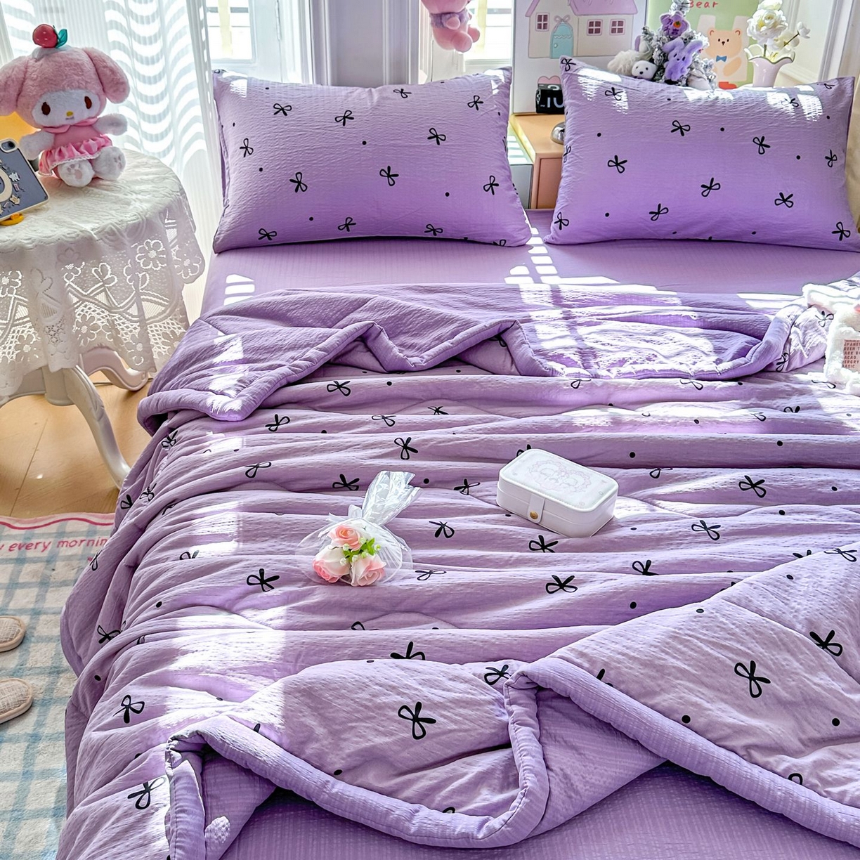 91家纺网 家纺一手货源 找家纺 瑞禾家纺 2026新款皱皱棉双层纱夏被四件套下载文件包含买家秀 紫苏