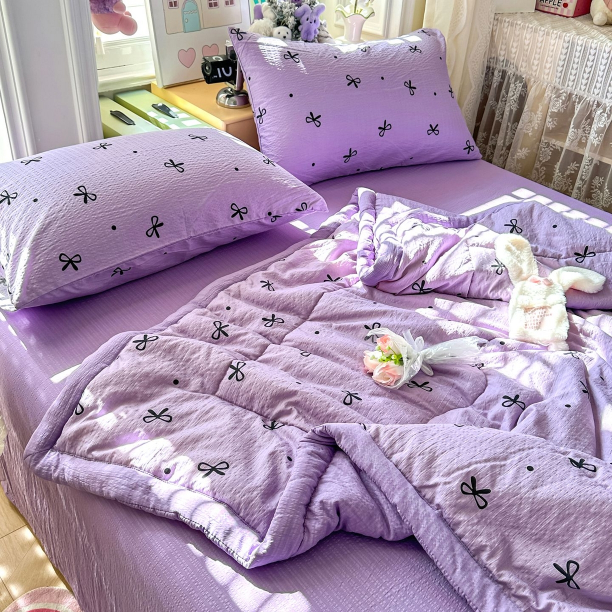 91家纺网 家纺一手货源 找家纺 瑞禾家纺 2026新款皱皱棉双层纱夏被四件套下载文件包含买家秀 紫苏