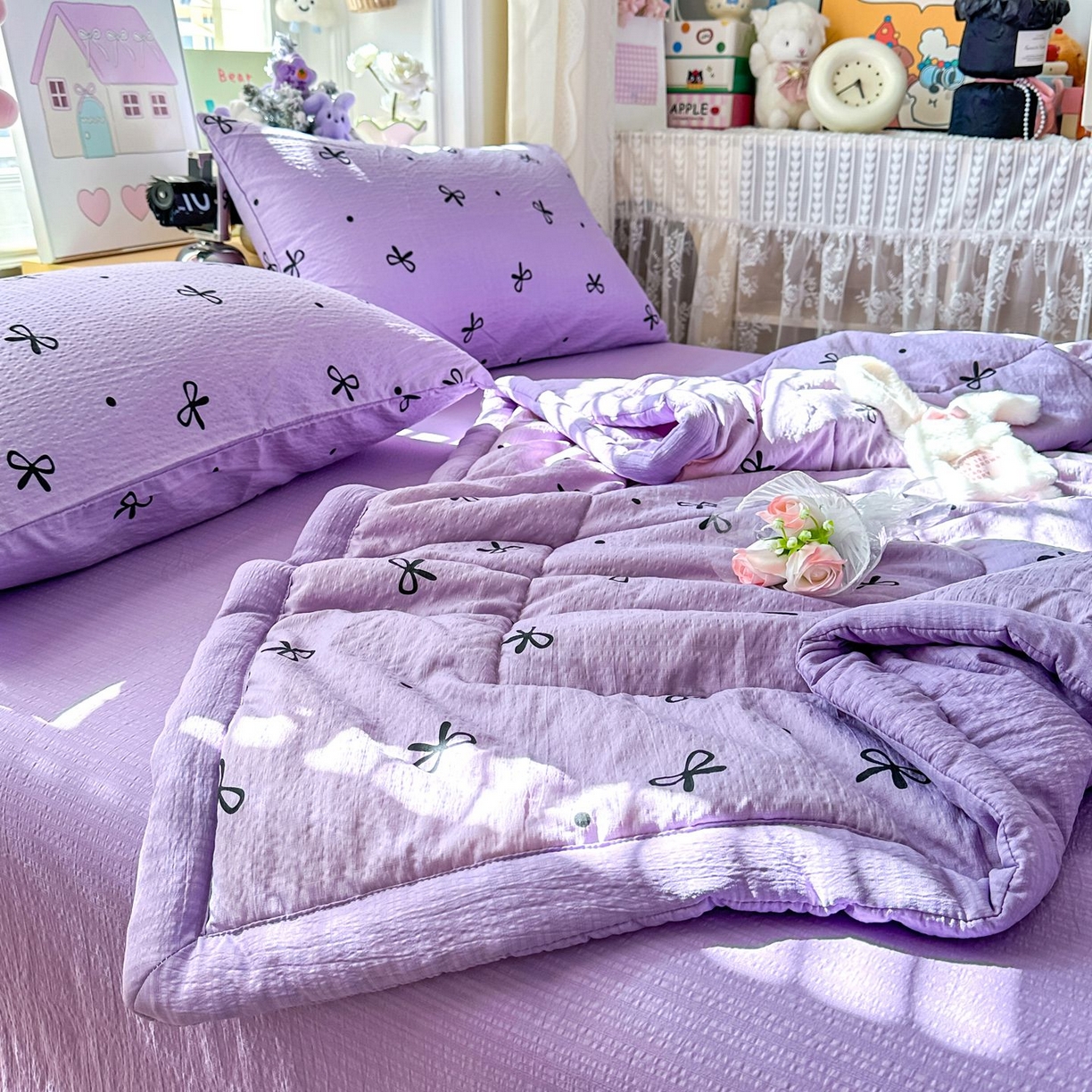 91家纺网 家纺一手货源 找家纺 瑞禾家纺 2026新款皱皱棉双层纱夏被四件套下载文件包含买家秀 紫苏