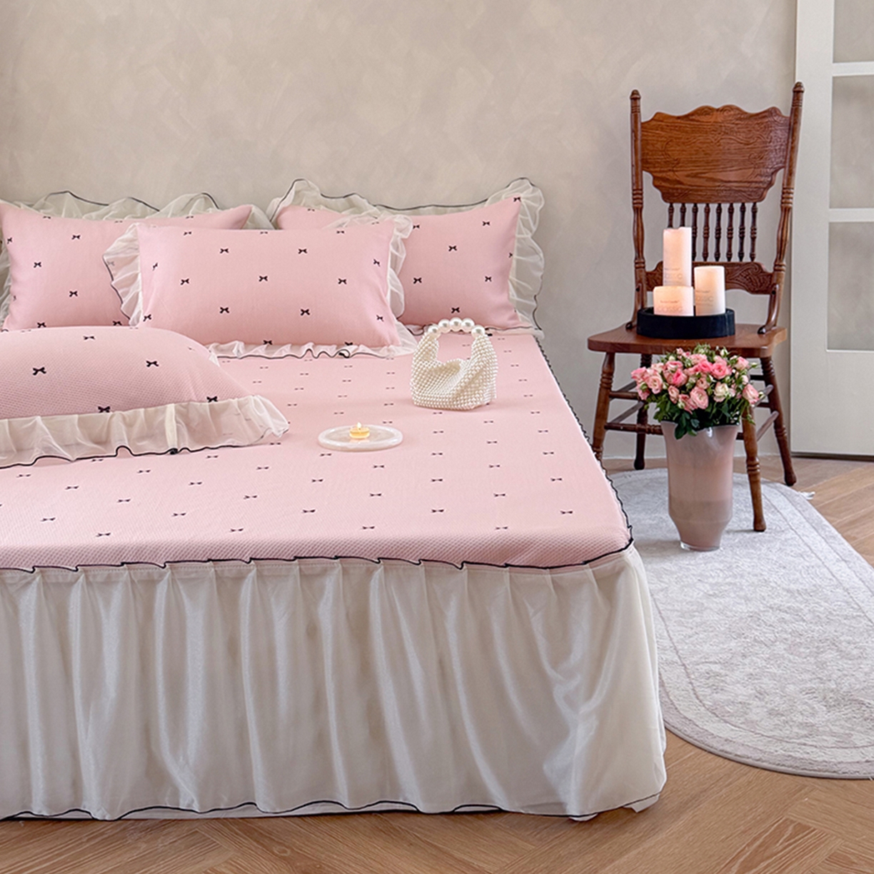 91家纺网 家纺一手货源 找家纺 （总）桃子家居 2026新款A类韩系仙气公主风PE凉感中分子床裙凉席蕾丝花边蝴蝶结乙纶豆豆凉席系列三件套